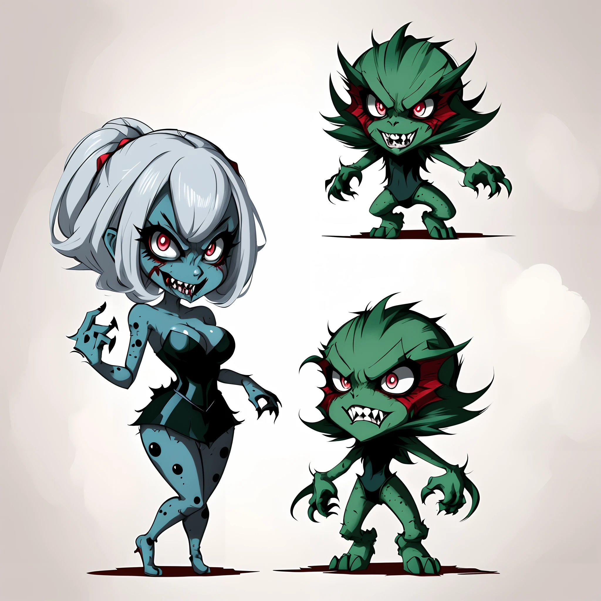 cartoon zombie girl with different expressions and expressions, monster character design, chibi monster girl, zombie in horror concept art, monster concept art, cute monster character design, scary angry pose, stylized character design, monster design, monster girl, zombie ghouls, concept art!!, concept art, monstergirl, female humanoid creature, horror concept art, very toonish appearance, very simple design, friendly, pokemon go wallpapers by the artist of the same name, pokemon art style, video game fanart, style of pokemon, pokemon style, with familiar sprites, hylics artwork, video game character design, video game character concept, style of cute pokemon, monster character design, official character illustration, game character design, weird pokemon, detailed fanart, game art!!, official fanart