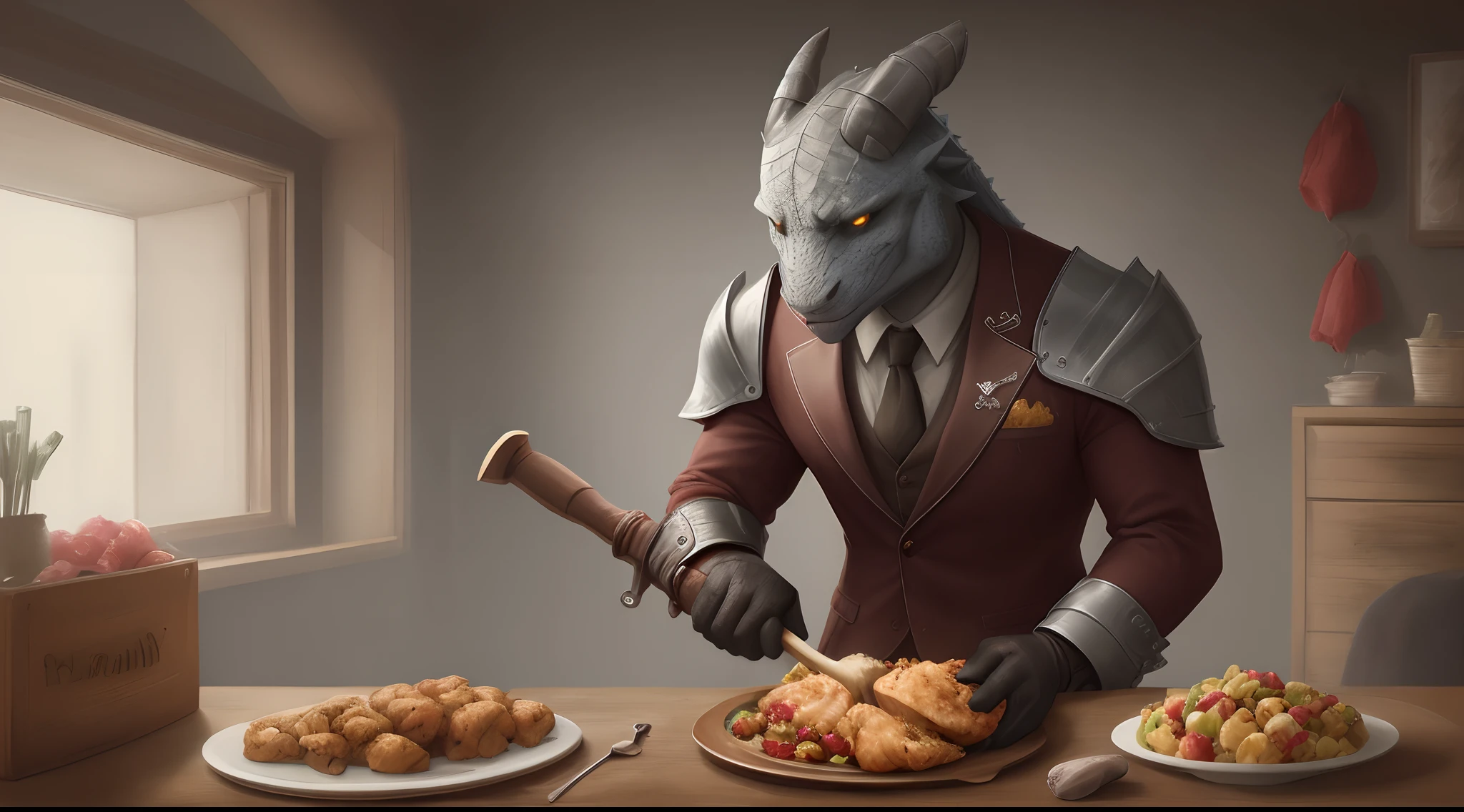 A dragonborn in a suit holding a axe and eating chicken