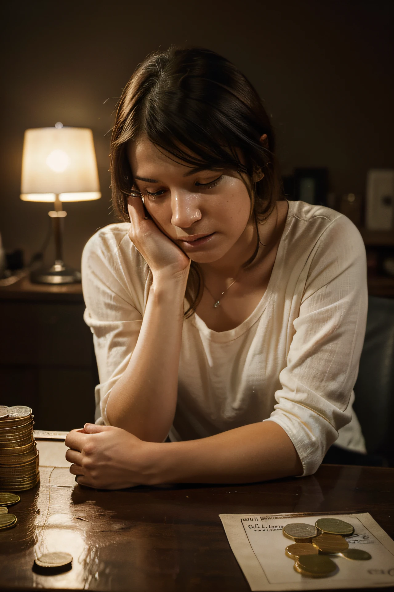 Generate a highly realistic image of a man sitting at a table counting coins with a sad and worried expression. She is in a low-light environment, but with a good reflection on her face. The context of his life is one of debt and he is looking for solutions to get out of this situation.