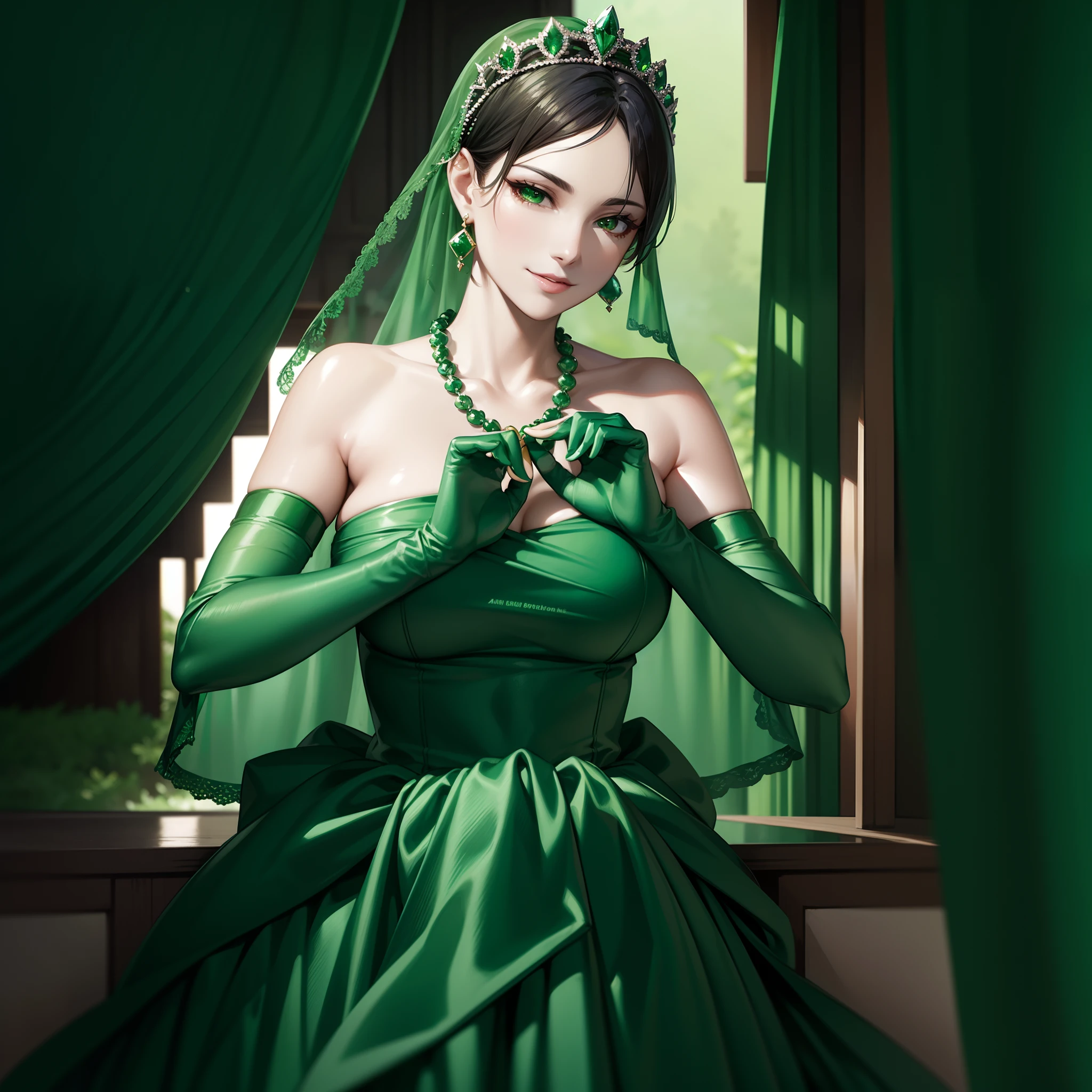 emerald tiara, Green Pearl Necklace, Boyish very short black hair, lipsticks, Japan woman smiling, very short short hair,  big breasts beautiful, Green eyes, Long green gloves made of satin material, Green eyes, Emerald Earrings, green vale, Heart with both hands