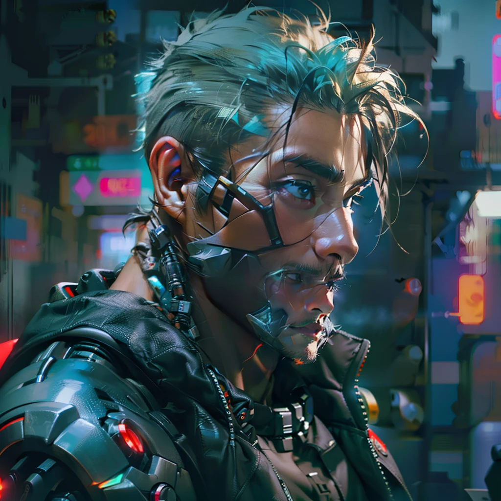 (best quality) (cinematic image) 32-year-old man, straight gray hair, (short hair) lightly bearded face, full beard, green eyes (super detailed), cyberpunk-style body, exoskeleton (ultra-detailed and intricate), (scene epic with vibrant colors) (humanoid face with cyborg body)
