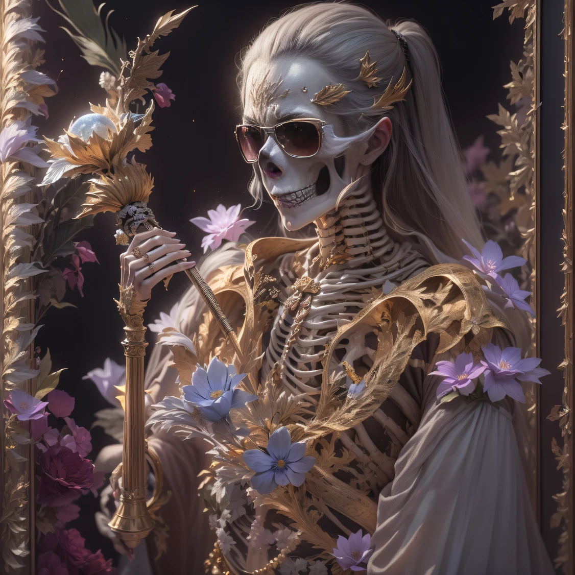 32K squat(tmasterpiece,k hd,hyper HD,32K)Burgundy pink double ponytail(((Wear thick gold-framed reflective sunglasses))),The Silver Skull Jewelry District in the backstreets,Indigo Skull King ,Skeleton protector (The skeleton is realistic:1.4),Skull pattern robe,Silver silk skull flower ornaments,Petals flutter,Colored linen ball head,Hold your head high,Be proud,The nostrils look at people, A high resolution, the detail, RAW photogr, Sharp Re, Nikon D850 Film Stock Photo by Jefferies Lee 4 Kodak Portra 400 Camera F1.6 shots, Rich colors, ultra-realistic vivid textures, Dramatic lighting, Unreal Engine Art Station Trend, cinestir 800,Hold your head high,Be proud,The nostrils look at people,Tsundere,Petals flutter,Petals flutter,Sprinkle with gold dust,Fluttering,Impeccable,( reasonable design, Clear lines, High sharpness,Best quality, Very detailed skeleton, The skeleton of a masterpiece, offcial art, movie light effect, 4K skeleton(((Wear thick gold-framed reflective sunglasses)))Transparent wings,(baton)(Baton in hand)(Giant stick)baton,