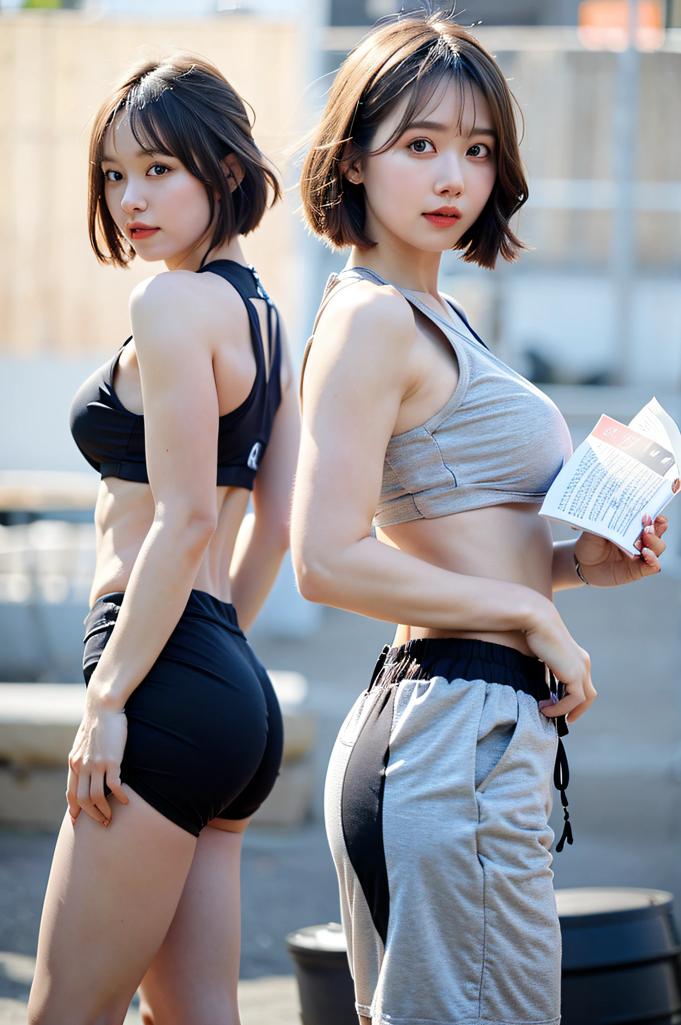 Highly detailed CG Unity 8k wallpaper, top quality, super detailed, masterpiece, realistic, photo realistic, very detailed cute girl, 25 years old, Muscle, abs, round eyes, viewer, blush, parted lips, half body shot ,
sportswear , gym, look back , short hair