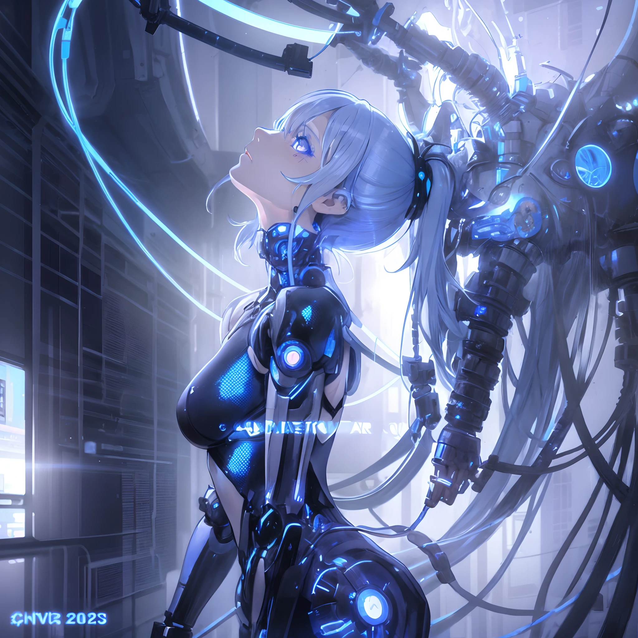 anime girl with blue eyes posing in a dark room, cyberpunk art by Shitao, pixiv contest winner, neoism, cyborg - girl with silver hair, perfect anime cyborg woman, cyborg girl, female cyberpunk anime girl, cute cyborg girl, cyberpunk anime girl mech, cyberpunk anime girl, cyborg - girl, oppai cyberpunk, beutiful girl cyborg