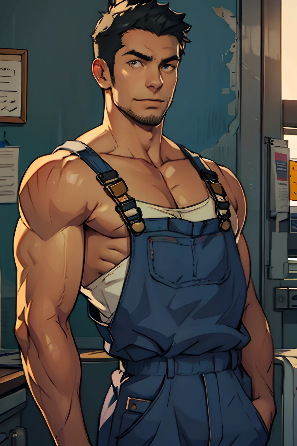 Homem adulto com cabelo alaranjado, Short hair with black overalls.