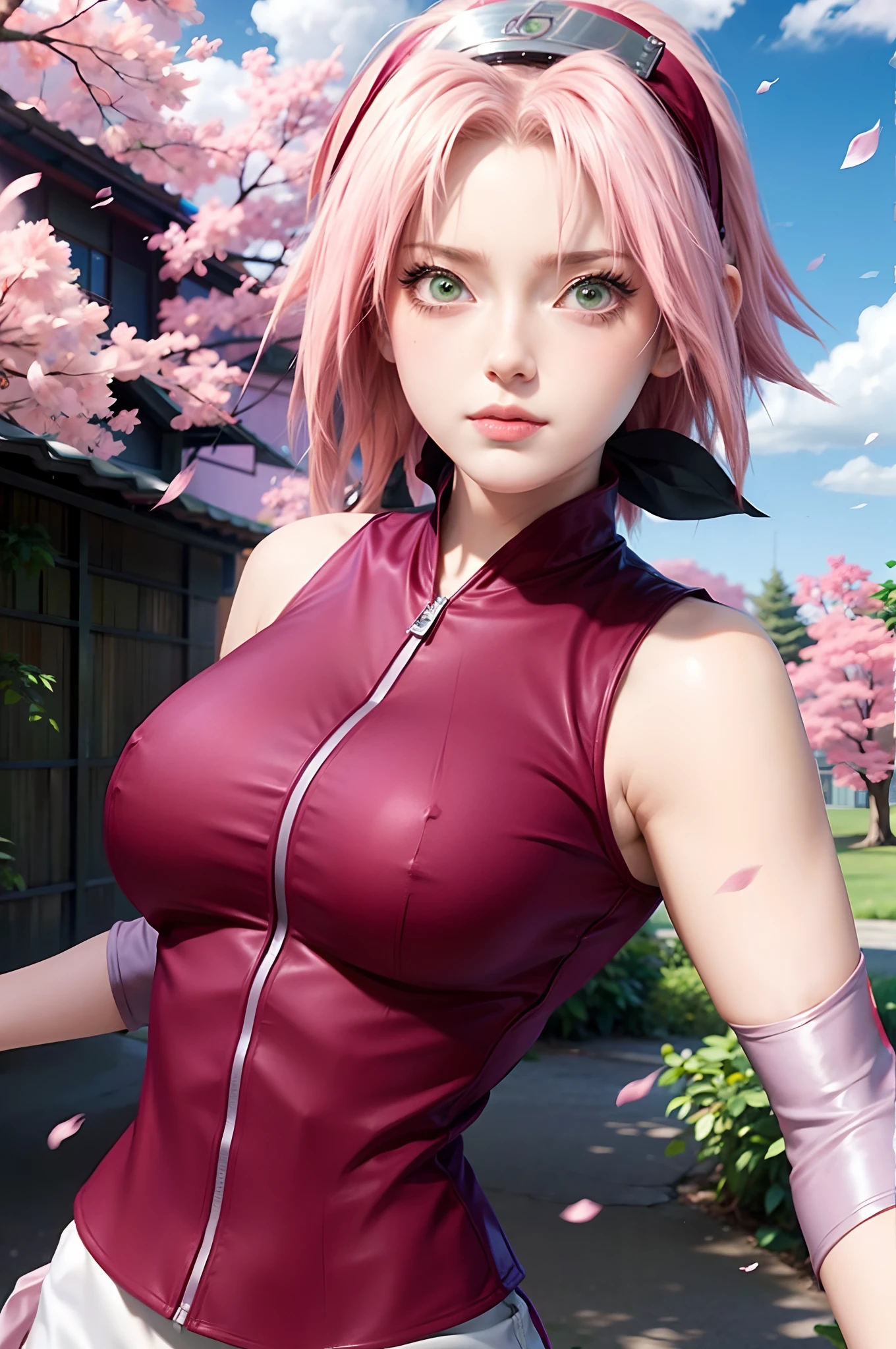 there is a woman with pink hair and a red top posing, better known as amouranth, anime girl in real life, amouranth, alena aenami and artgerm, seductive anime girl, haruno sakura, some pink, open v chest clothes, cleavage, young beautiful amouranth, cute girl with short pink hair, thicc, oppai cyberpunk