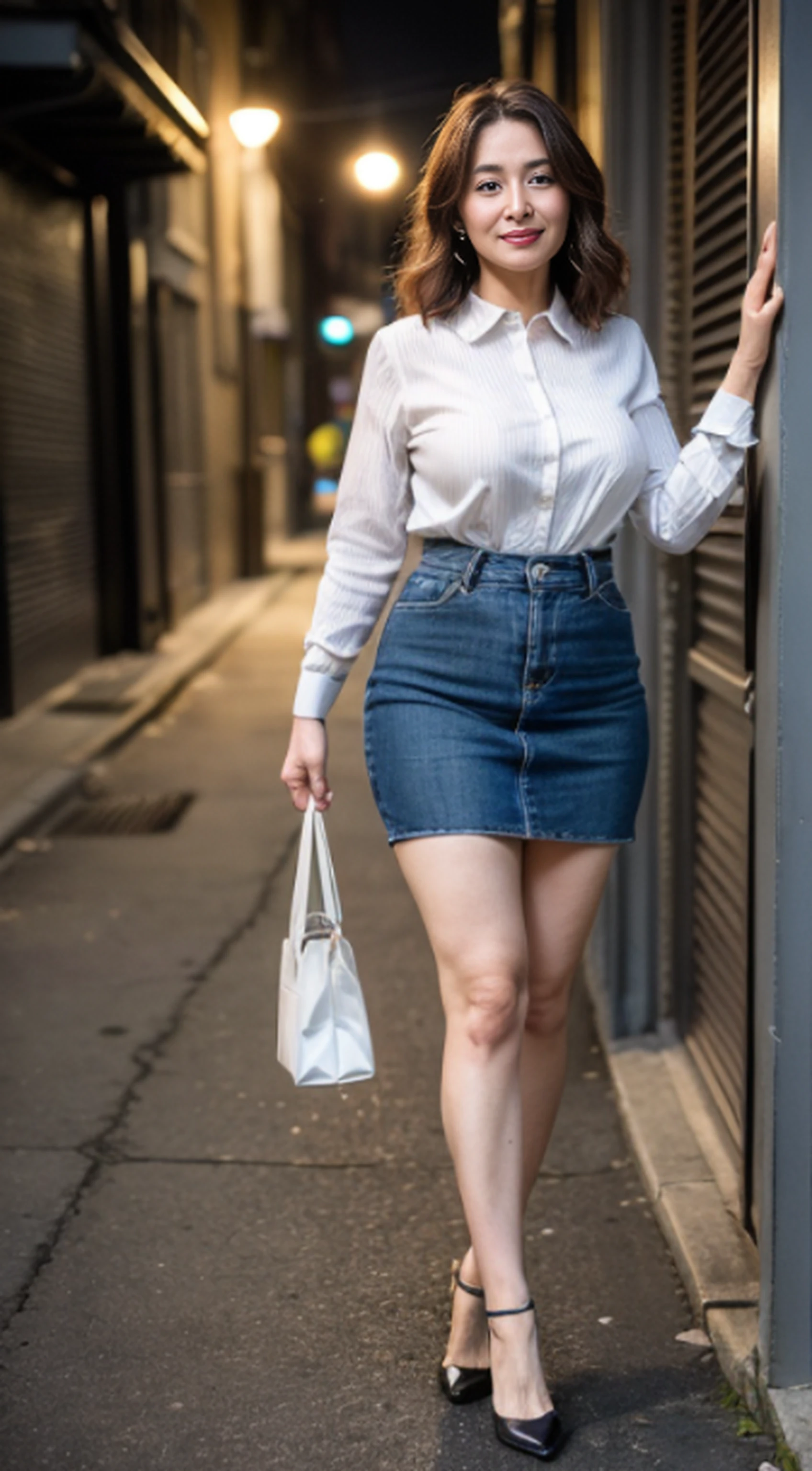 ultra detailed 8k cg, ((Beautiful 45 year old mature woman，The face is delicate，Happy and charming，Fine lines at the corners of the eyes)),  Perfect body, Beautiful face, whitet-shirt,, Back Alley Night, High heels, Sexy legs, Thick thighs, ), Brown wavy hair, Denim knee-length skirt