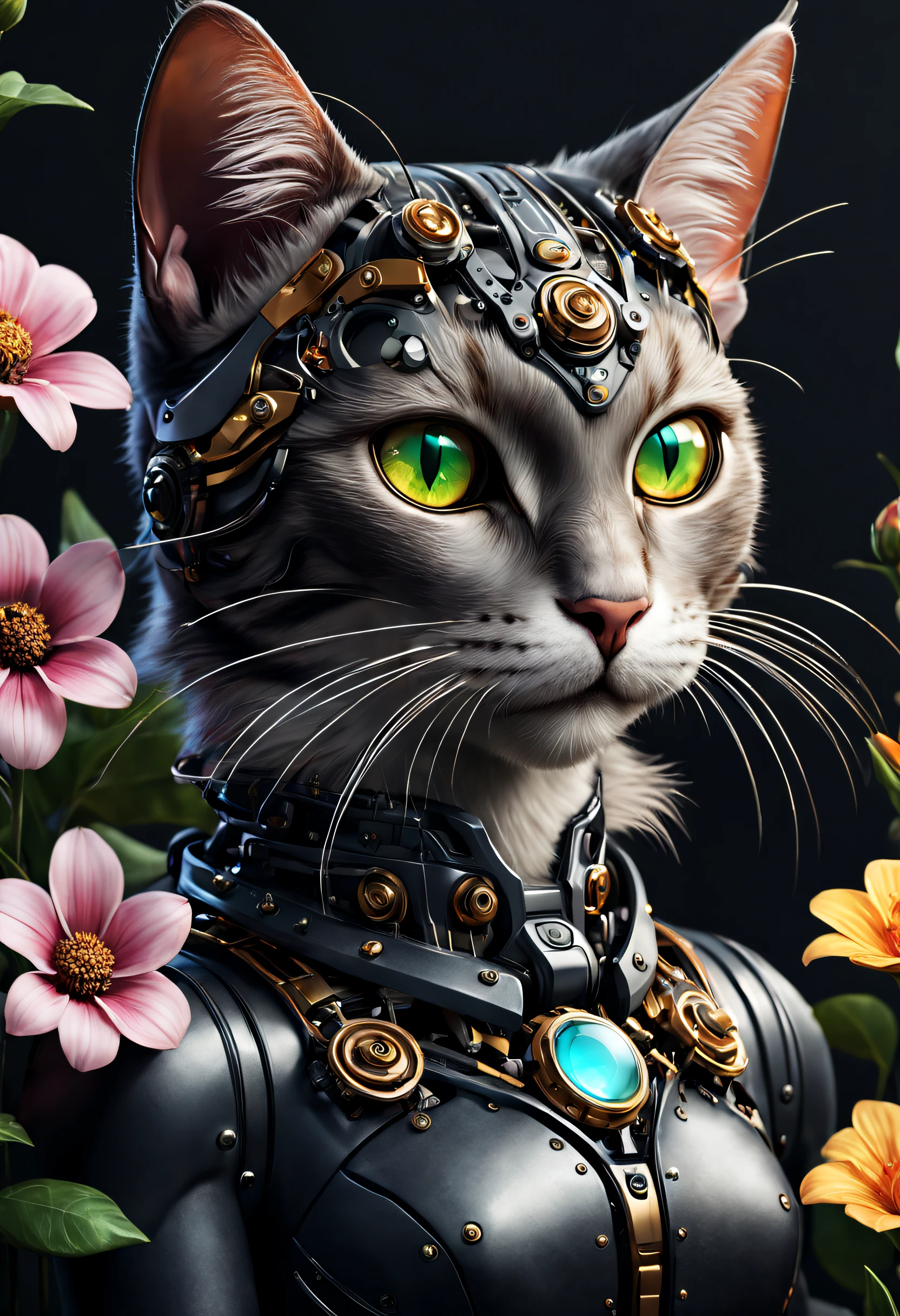 Mechanical cats，photorealestic，anthropomorphic cat，Role setting，Ultra-detailed graphics，Delicate face，8K，MagazineCover，Flower background decoration，intense color contrast，The color is dark