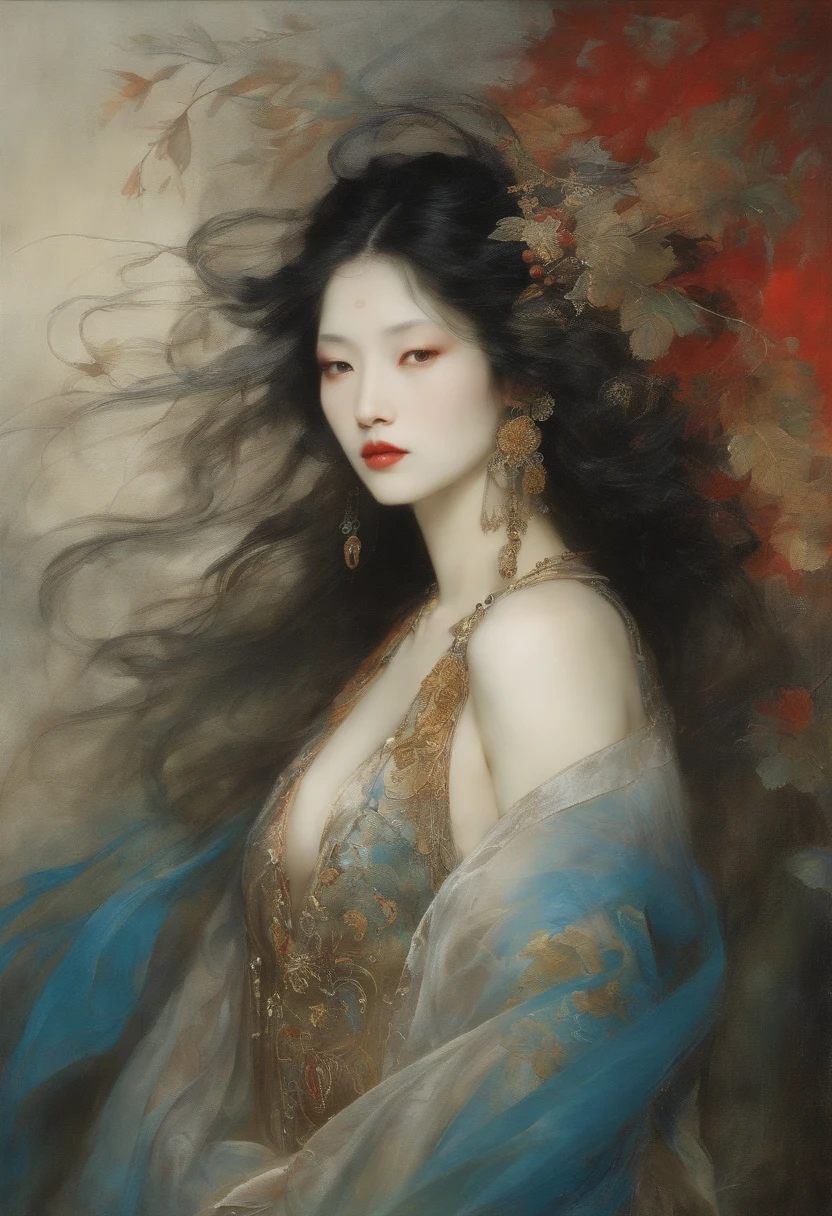 renaissance Yoshitaka Amano's style Woman wearing see-through cloth Rough painting