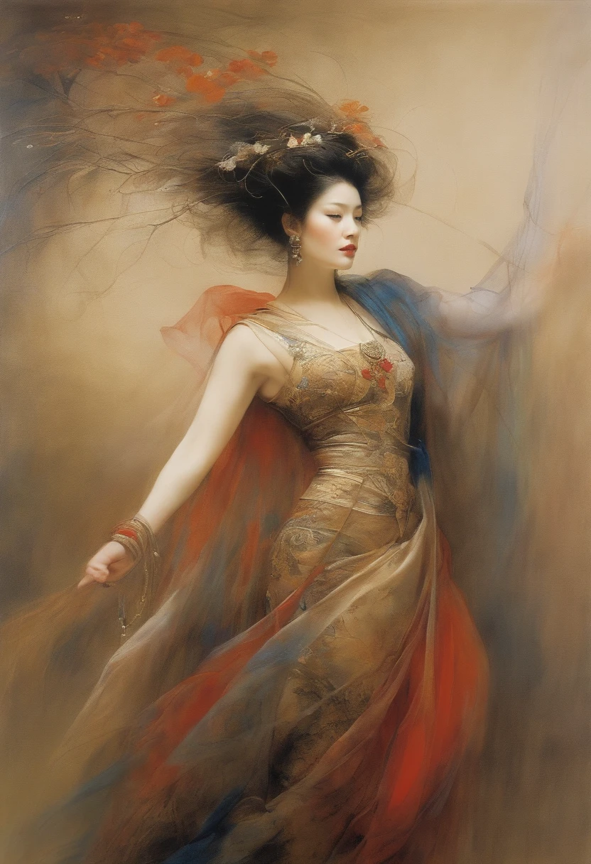 renaissance Yoshitaka Amano's style Woman wearing see-through cloth Rough painting