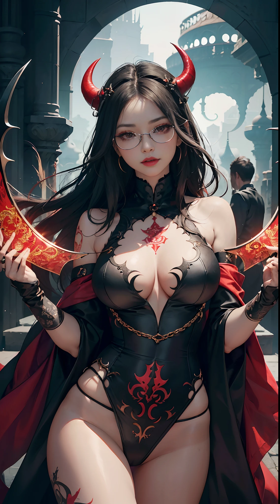 Fine、(The best illustrations)、8k UHD resolution、intricate-detail、top-quality、realisitic、ultra-detailliert、The best lighting、Best Shadows、Soft lighting、Ulutra HD、1 beautiful devil woman from hell, surreal female portraits by David Hockney and Alphonse Mucha, Fantasy Art, Chinese Doll、a 、Dungeon and Dragon、Devil's Palace、Devil's Torture Chamber、magia、 A Necromancer、natta、Dark style、Succubus、Devil's Daughter、Bat Wings,(((Demon Horns)))、((((black-rimmed round glasses))))、(((Colossal tits)))、(Devil's Tail)、(red eyes glowing:1.6)、 intricate tattoos, demonic intricate tattoos, thigh tattoos, body tattoos, masterpiece、beautiful countenance、Muscular seductive body、The enchanting body of the devil、Seductive Black Magic Costume、A shiny red snake is wrapped around her hand、Tindall Effect、photos realistic、(High Detail Skins:1.2)、 (Intricate details, makeup, pureerosface_v1:0.5), (Detailed beautiful delicate face, Detailed beautiful delicate eyes, A perfectly proportioned face,a baby facetailed skin, Detailed skin, best ratio four finger and one thumb, arms below breasts, Tattoo with a red glow under the stomach、Awesome awesome, wide hips, smooth midriff, skiny and thin, __Fashion__, __hair__:1.25)、Digital SLR、hightquality、a picture、hight resolution、 absurderes、Ponytail distortion、女の子1人、Red sparkling gemstone necklace、jewely、Beautiful expression、Body Up、Large breasts emphasis、Toned waist、Wide buttocks、Devil's Tail、intricate tattoos, demonic intricate tattoos, thigh tattoos, body tattoos, effect、Photorealsitic、(High Detail Skins:1.2)、In the Dark, lowkey, cowboy lens, (Black Phoenix Dress: 1.0), Seductive Black Magic Costume、Long hair, Black hair, Bust, Devil's Palace, devil crown, red eyes make up very sharp and detailed, The most beautiful face, Super tight breasts, Breast augmentation surgery, The breasts are very big and round and round, Black magic costume、Super realistic , Charming smile, The eyes are very well made up, ((Red Eye:1.0)), guweiz, devil style,Muscular seducti