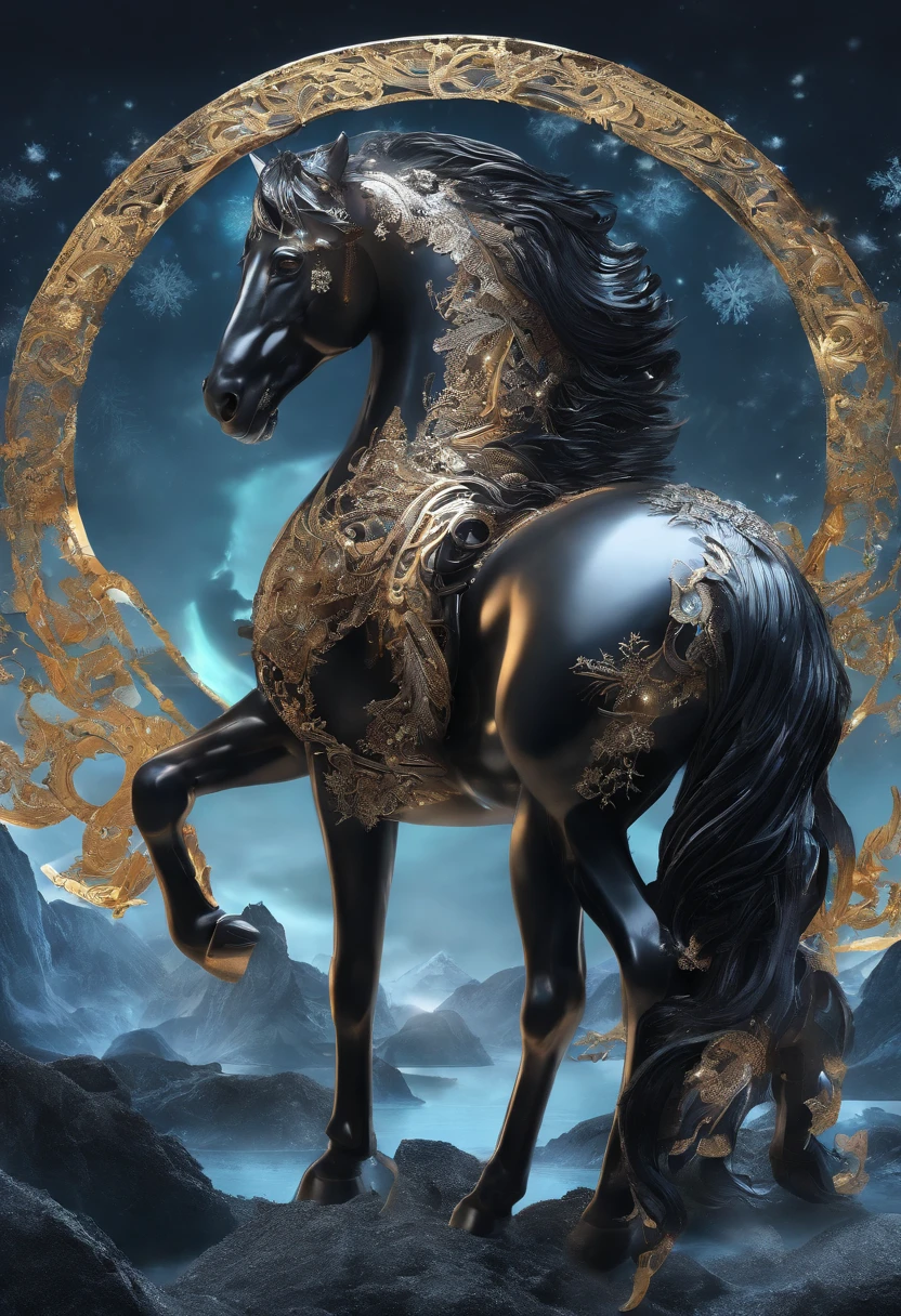 Re - roll the super gorgeous zodiac black horse with its crystal ice fur as smooth as black Chinese ceramics, It's as charming as Chinese snowflakes, Its ultra - fine fur, Fluorescence pupil eyes, Full body, Standing on the rough agate sea, Light bright background, Jewelry, Complex details, Movie lighting, Gold design, Unreal engine, Sintan rendering, Crazy Consul Peter Mobach, Jordan Grimmer, Light and dark, High definition aesthetic picture, High definition, 4K high definition, Super high definition, 3D rendering, Virtual engine, Very detailed 16k