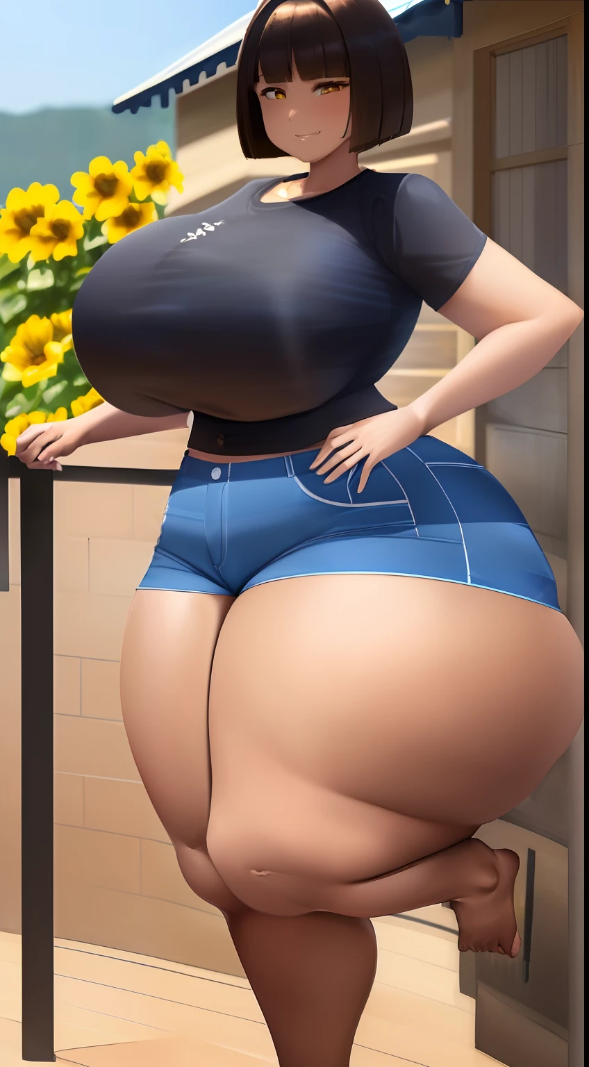 ((best quality)), ((masterpiece)), (detailed), Undertale Frisk, brown hair, (brown shorts:1.3), bob cut, short hair, black shorts, (blue shirt:1.3), yellow eyes, (1girl:1.3), (solo:1.3), striped, striped shirt, smiling, (sun flower), large breasts, bottom heavy, under boob, slim waist, midriff showing, (short torso long legs, 8), full body