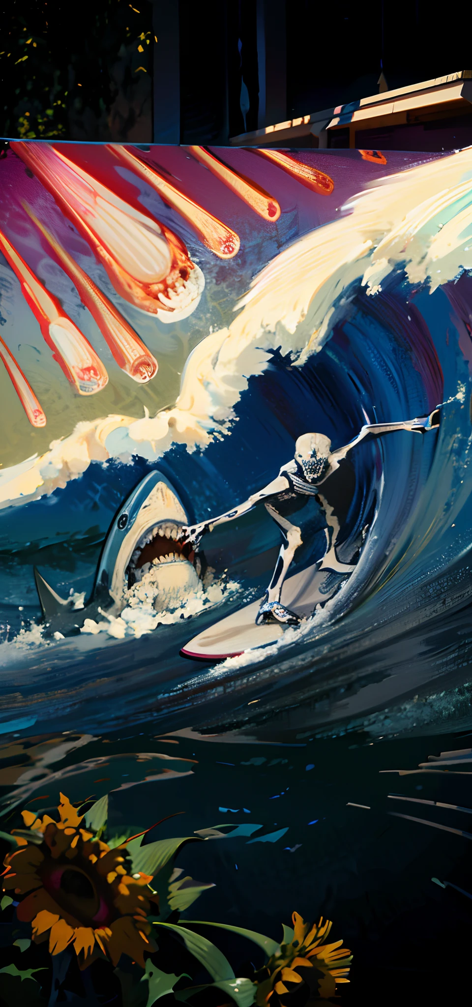 painting of a skeleton surfing a wave with a shark and a skeleton, joe biden sharkman, nychos art aesthetic, album art, by Tom Wänerstrand, by Clark Voorhees, surfing, nychos, anthropomorphic shark, oil on canvas; nuclear fallout, detailed acrylic painting, shark man, inspired by Ron English, cover art