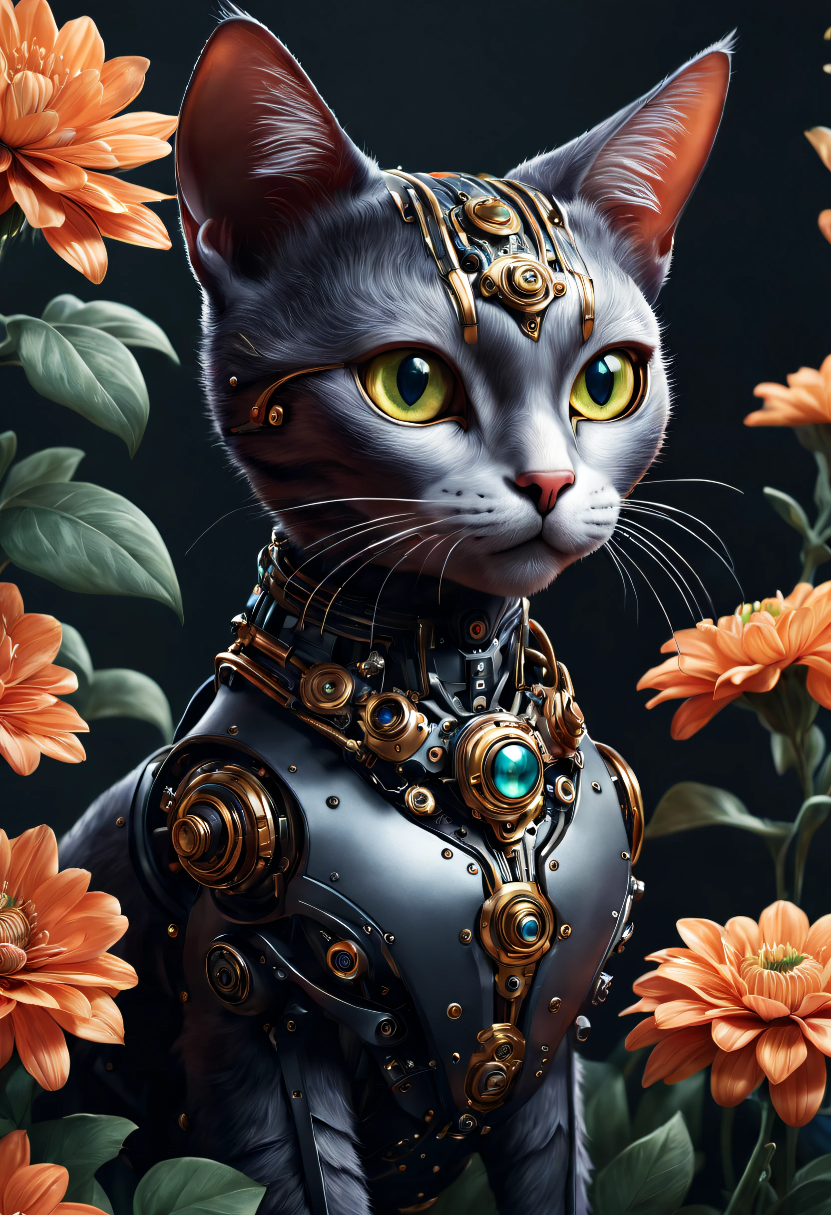 Mechanical cats,photorealestic,anthropomorphic cat,Role setting,Ultra-detailed graphics,Delicate face,8K,MagazineCover,Flower background decoration,intense color contrast,The color is dark
