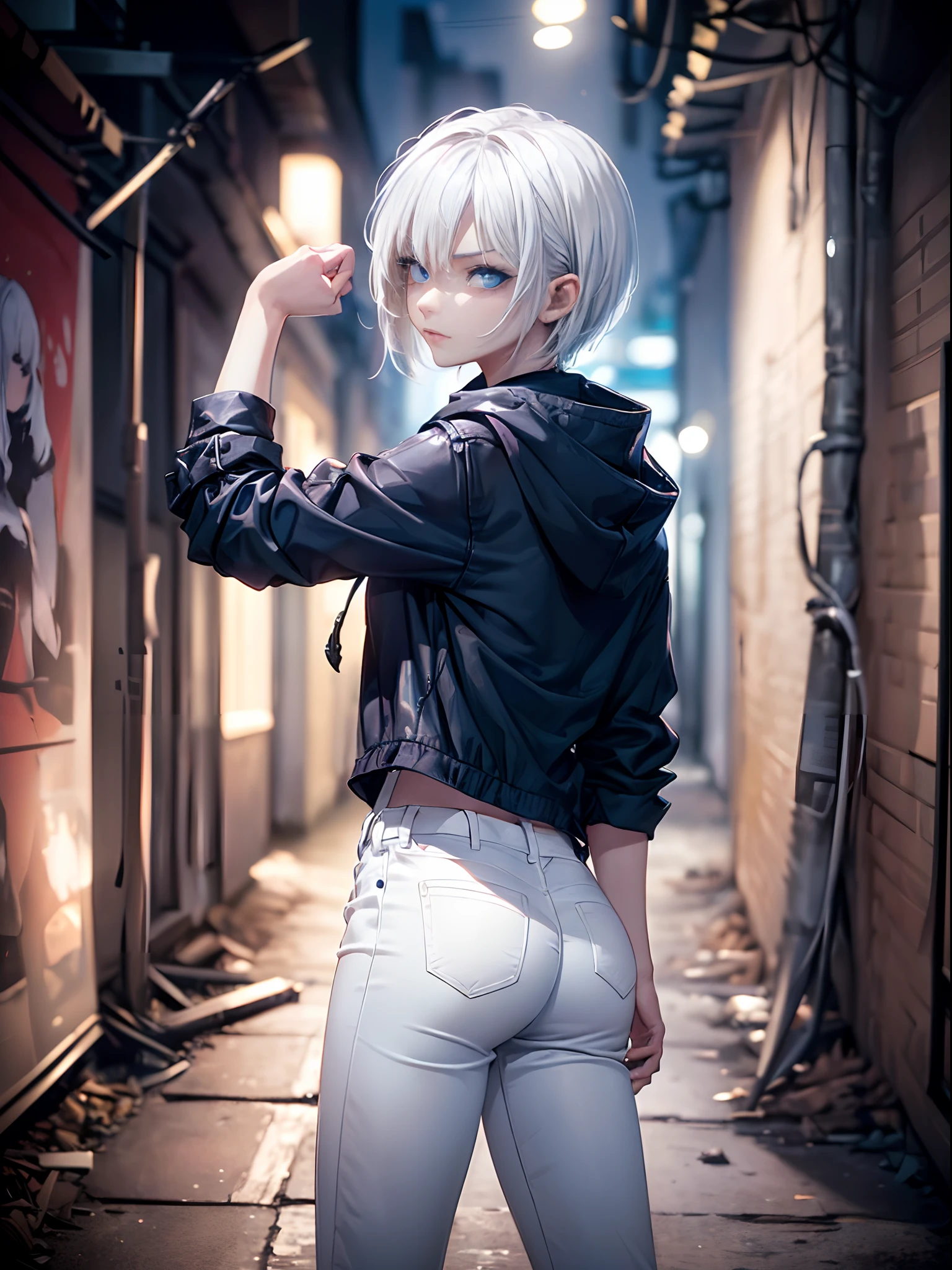 ((4K works))、masterpiece、(top-quality)、One Beautiful Girl、Slim body、tall、((Black Y-shirt and white pants、Charming street style))、Please wear one jacket、Wearing a hood to hide his face、(Detailed beautiful eyes)、Midnight Combat、In battle with demons、((Dark back alley at midnight))、saddened、suffocating、desolate、((Pitch-black tunnel))、((Face similar to Carly Rae Jepsen))、((Short-haired white hair))、((Smaller face))、((Neutral face))、((Bright blue eyes))、((American adult women))、((Adult female 26 years old))、((cool lady))、((Like a celebrity))、((Korean Makeup))、((elongated and sharp eyes))、((angry expressions))、((In battle with a sword))、((boyish))、Professional Photos、((Shot alone))、((He is in battle))、((He is in front of the viewer))、((Shot so that the back of the head and back are visible))、((shot from a side angle))、((He's looking forward.、I can't see my face))、((He is fighting in a distant place))、horor、Photos of sadness