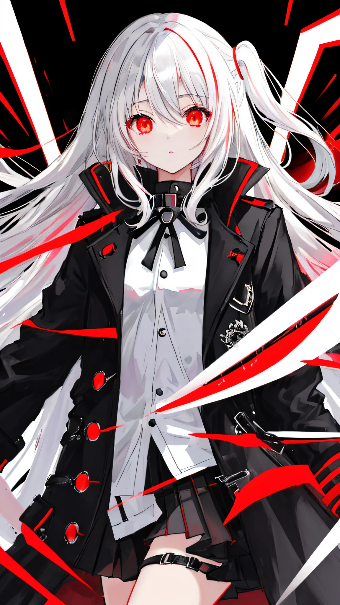 anime big breast,teens girl,solo person,Black trench coat, White color hair,Red glowing eyes,(((Flat chest))),Manju Sawar
