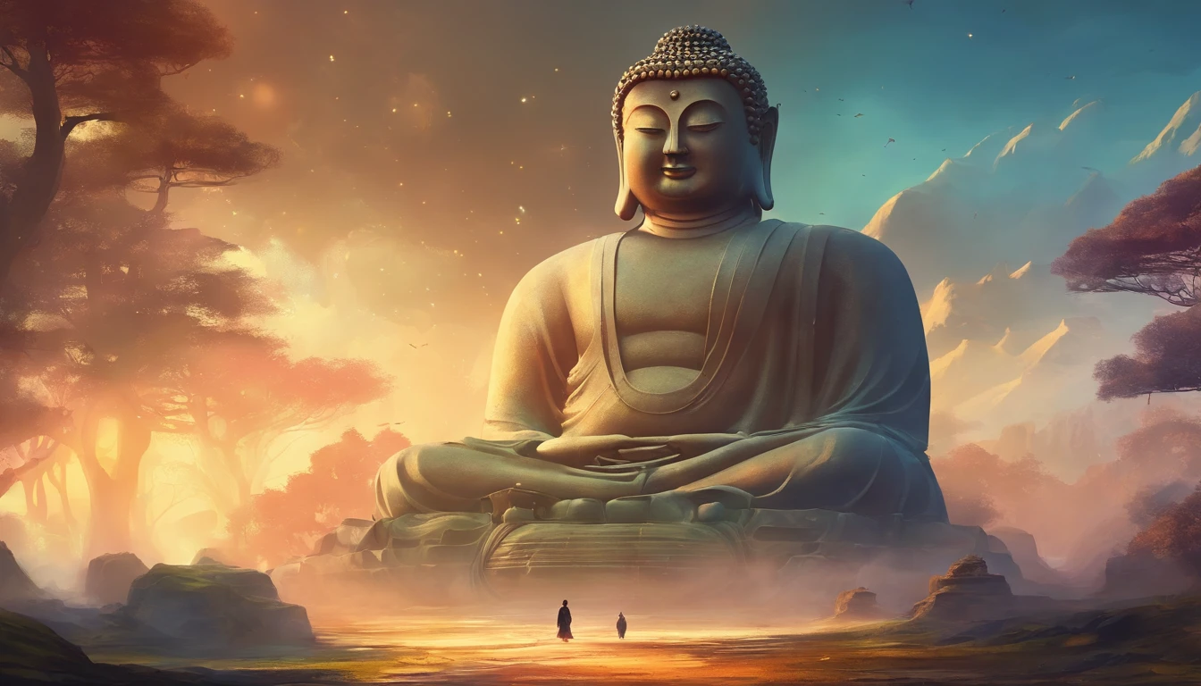 Buddha statue sitting on a cloud,Laptop before full moon, Buddhism, floating in a powerful zen state, Computer wallpaper, steve jobs as hokage, zen méditation cyberpunk, a Buddhist Buddha, high quality desktop wallpaper, Buddha, Spiritual enlightenment, enlightening, PC Wallpapers, Beautiful image, On the road to enlightenment, zen aesthetic, On the road to enlightenment, philosopher