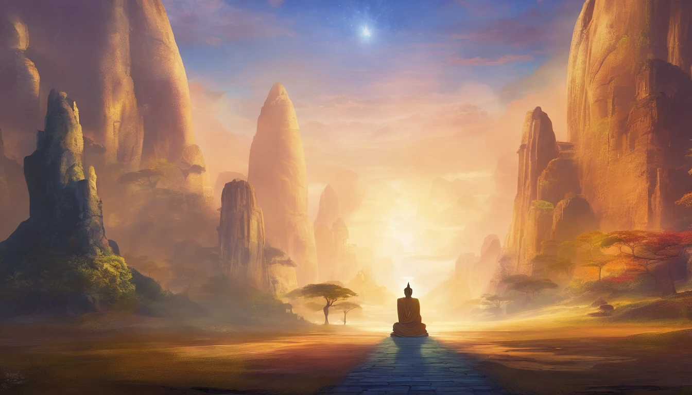 Giant Buddha statue in the distance, stone, Texture, Tall, Majestic, The background is illuminated by sunlight，inverted image，Lateral face，Pilgrims on the road