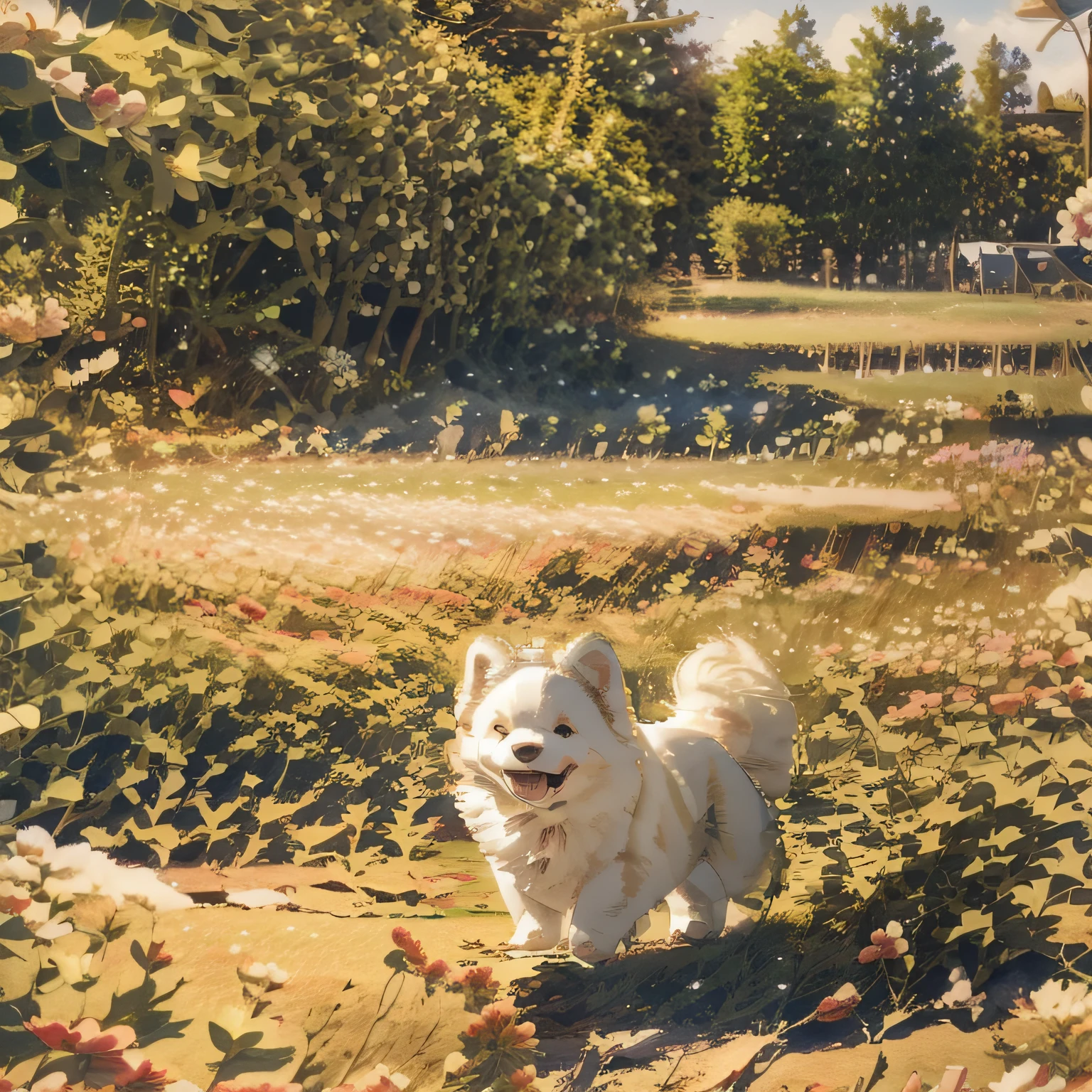 A happy one, The pure white Samoyed is surrounded by clover,Ray tracing, Comics, 3D rendering of, Cartoon, Cute style, Sunny, En plein air, hyper realisitc, 4K, k hd, High quality