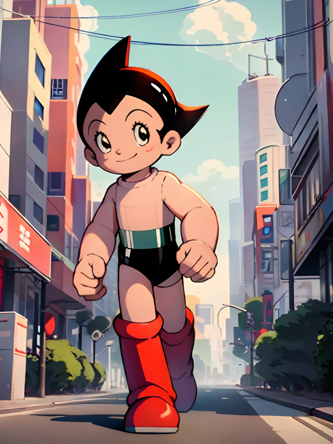 Astro Boy walking down city street, looking at viewer, smiling, red boots