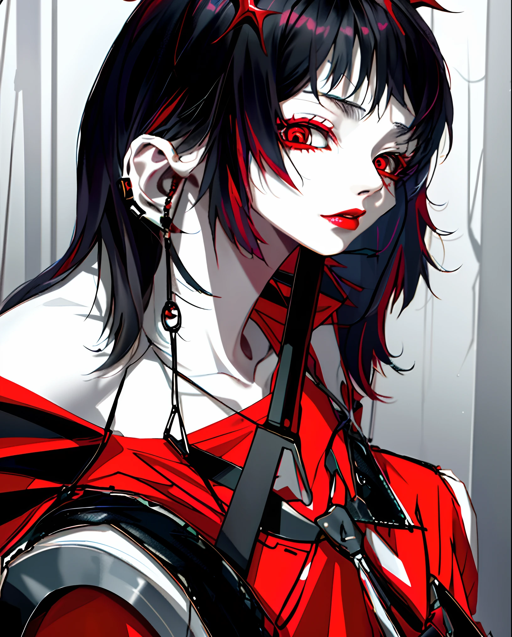 masterpiece with impeccable quality, fundo escuro manchado de sangue, Demon with red eyes and black hair, pale skin and soft mouth, roupa vermelha e gravata preta, com brincos dourados, dark, in 8K and Full HD resolution, anime Guy, tocando guitarra, (visual Kei), (moda Harajuku) (alt) (tocando guitarra)