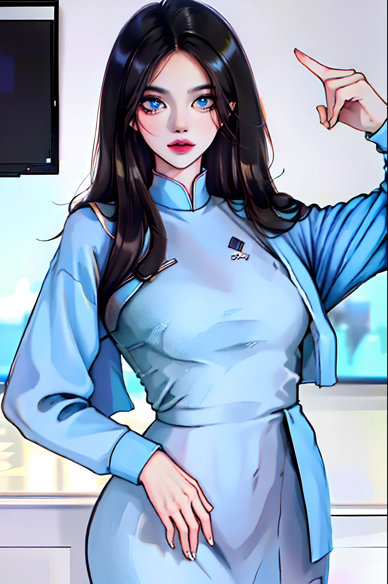 Android Housewife, black hair, blue eyes, blue shirt, long hair, stepford dress, lipstick, standing at attention