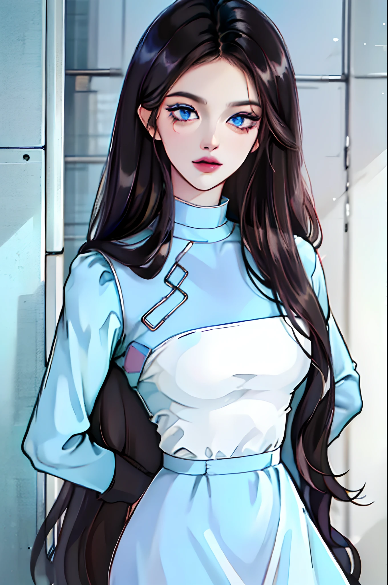 Android Housewife, black hair, blue eyes, blue shirt, long hair, stepford dress, lipstick, standing at attention