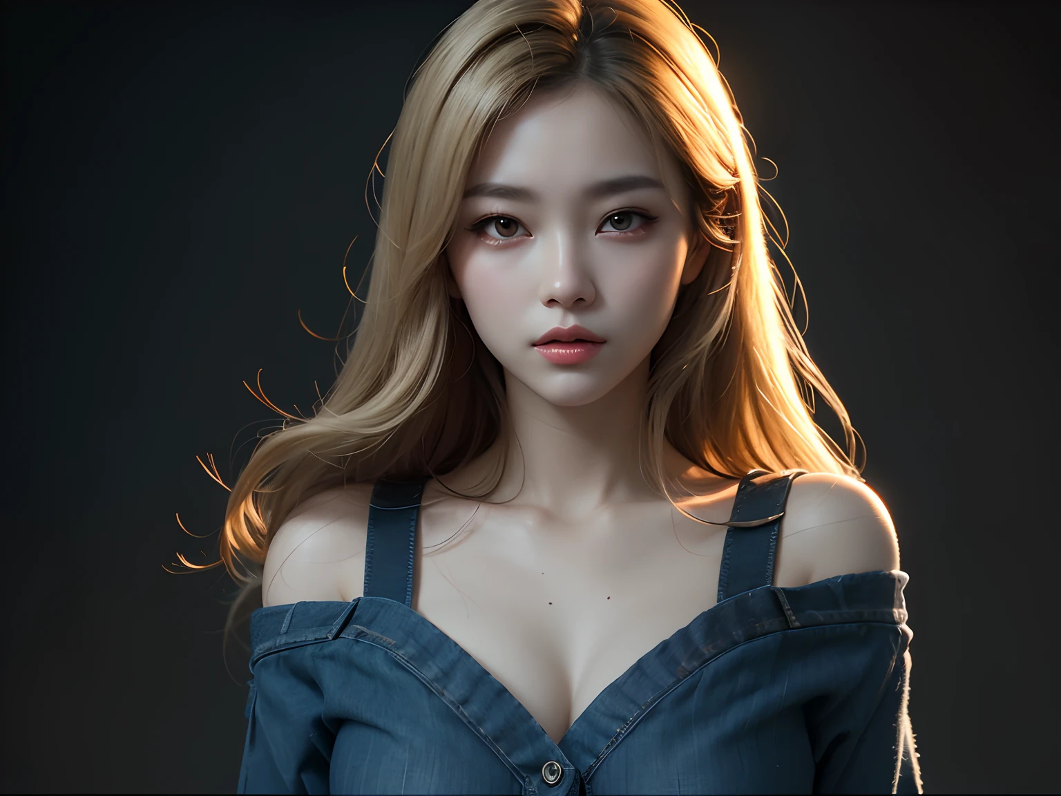 mulher com cabelos compridos usando um vestido jeans e posando para uma foto, foto retrato suave 8 k, Modelo IG | Artgerm, Realistic. Cheng Yi, Portrait of female Korean idol, Directed by: Russell Dongjun Lu, 8K Artgerm Bokeh, O estilo do WLOP, Arte no estilo de Guweiz, photorealistic anime girl rendering