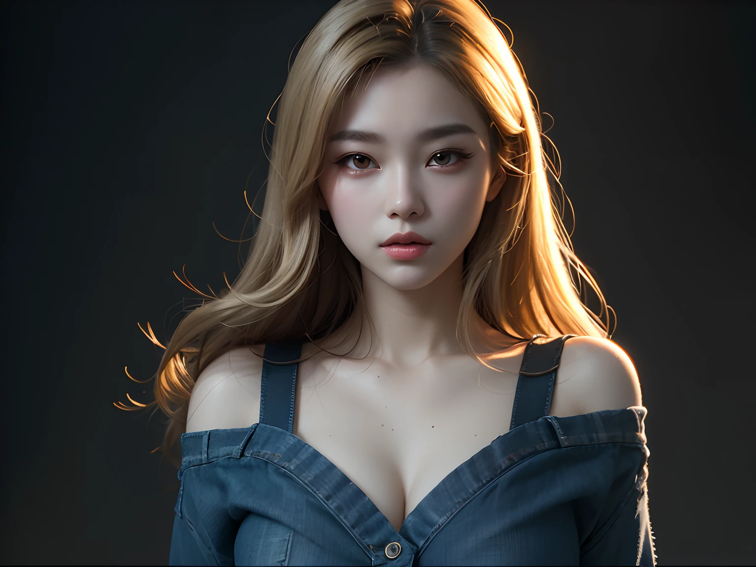 mulher com cabelos compridos usando um vestido jeans e posando para uma foto, foto retrato suave 8 k, Modelo IG | Artgerm, Realistic. Cheng Yi, Portrait of female Korean idol, Directed by: Russell Dongjun Lu, 8K Artgerm Bokeh, O estilo do WLOP, Arte no estilo de Guweiz, photorealistic anime girl rendering