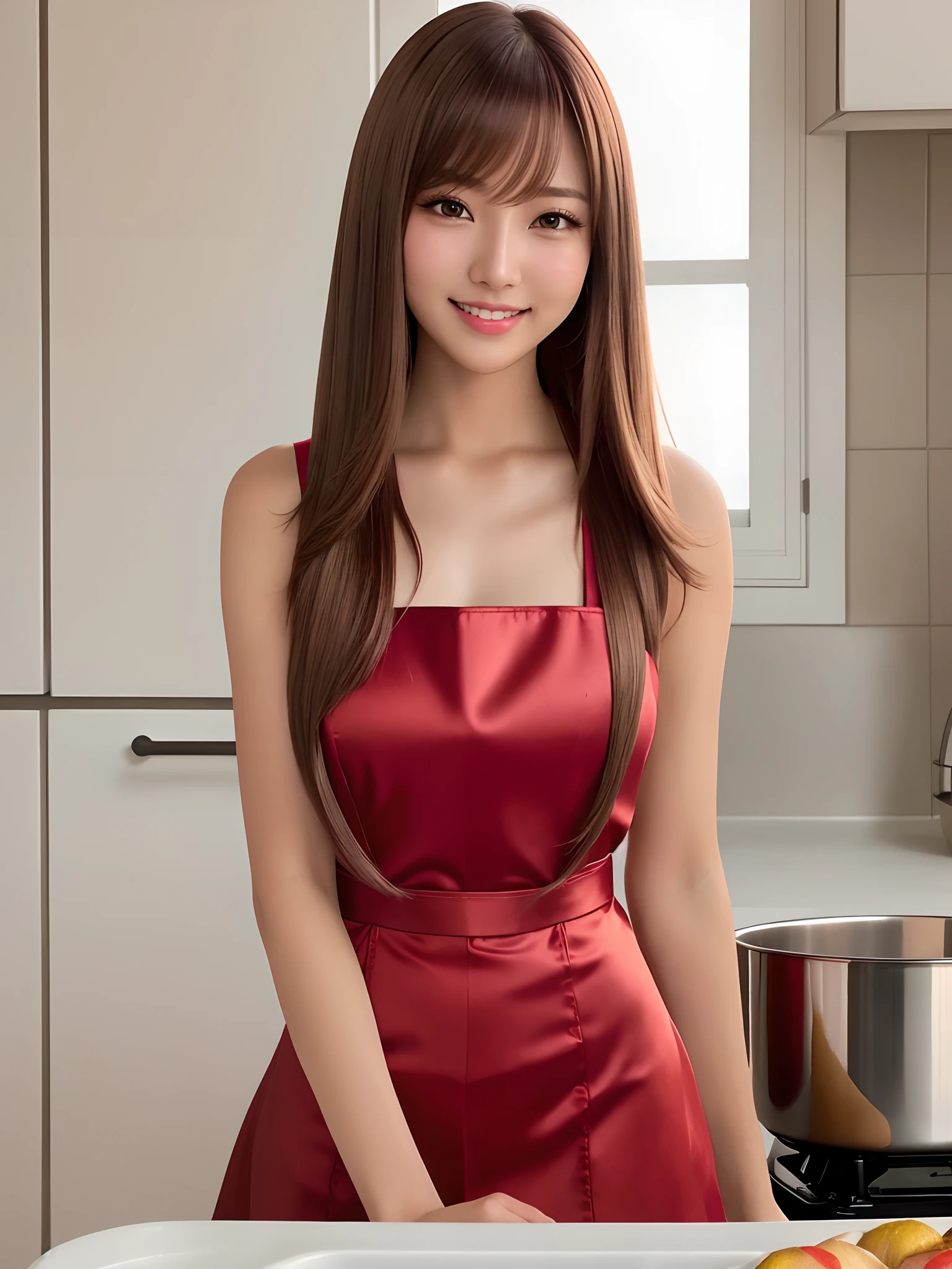 product quality, a cowboy shot, a in front view, 1 woman, a Japanese young pretty woman, hyper pretty face, long bob hair, glamorous figure, big smile, wearing only a short length satin red frilled apron directly over naked, cooking alone in a kitchen, glossy lips, double eyelids in both eyes, natural makeup, long eyelashes, shiny smooth light brown long bob hair, asymmetrical bangs, tanned skin, central image, high resolution, high detail, detailed hairstyle, detailed face, cinematic lighting, octane rendering, hyper realistic, perfect limbs, perfect anatomy