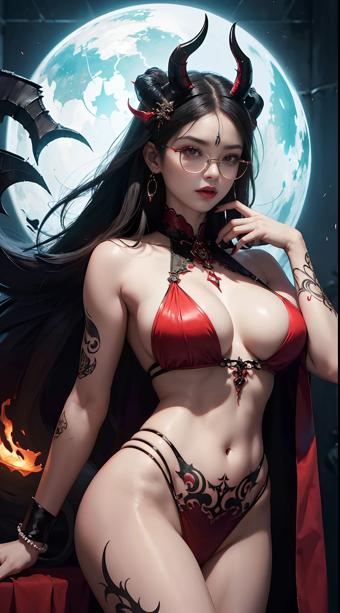 Fine、(The best illustrations)、8k UHD resolution、intricate-detail、top-quality、realisitic、ultra-detailliert、The best lighting、Best Shadows、Soft lighting、Ulutra HD、1 beautiful devil woman from hell, surreal female portraits by David Hockney and Alphonse Mucha, Fantasy Art, Chinese Doll、a 、Dungeon and Dragon、Devil's Palace、Devil's Torture Chamber、magia、 A Necromancer、natta、Dark style、Succubus、Devil's Daughter、Bat Wings,(((Demon Horns)))、((((black-rimmed round glasses))))、(((Colossal tits)))、(Devil's Tail)、(red eyes glowing:1.6)、 intricate tattoos, demonic intricate tattoos, thigh tattoos, body tattoos, masterpiece、beautiful countenance、Muscular seductive body、The enchanting body of the devil、Seductive Black Magic Costume、A shiny red snake is wrapped around her hand、Tindall Effect、photos realistic、(High Detail Skins:1.2)、 (Intricate details, makeup, pureerosface_v1:0.5), (Detailed beautiful delicate face, Detailed beautiful delicate eyes, A perfectly proportioned face,a baby facetailed skin, Detailed skin, best ratio four finger and one thumb, arms below breasts, Tattoo with a red glow under the stomach、Awesome awesome, wide hips, smooth midriff, skiny and thin, __Fashion__, __hair__:1.25)、Digital SLR、hightquality、a picture、hight resolution、 absurderes、Ponytail distortion、女の子1人、Red sparkling gemstone necklace、jewely、Beautiful expression、Body Up、Large breasts emphasis、Toned waist、Wide buttocks、Devil's Tail、intricate tattoos, demonic intricate tattoos, thigh tattoos, body tattoos, effect、Photorealsitic、(High Detail Skins:1.2)、In the Dark, lowkey, cowboy lens, (Black Phoenix Dress: 1.0), Seductive Black Magic Costume、Long hair, Black hair, Bust, Devil's Palace, devil crown, red eyes make up very sharp and detailed, The most beautiful face, Super tight breasts, Breast augmentation surgery, The breasts are very big and round and round, Black magic costume、Super realistic , Charming smile, The eyes are very well made up, ((Red Eye:1.0)), guweiz, devil style,Muscular seducti