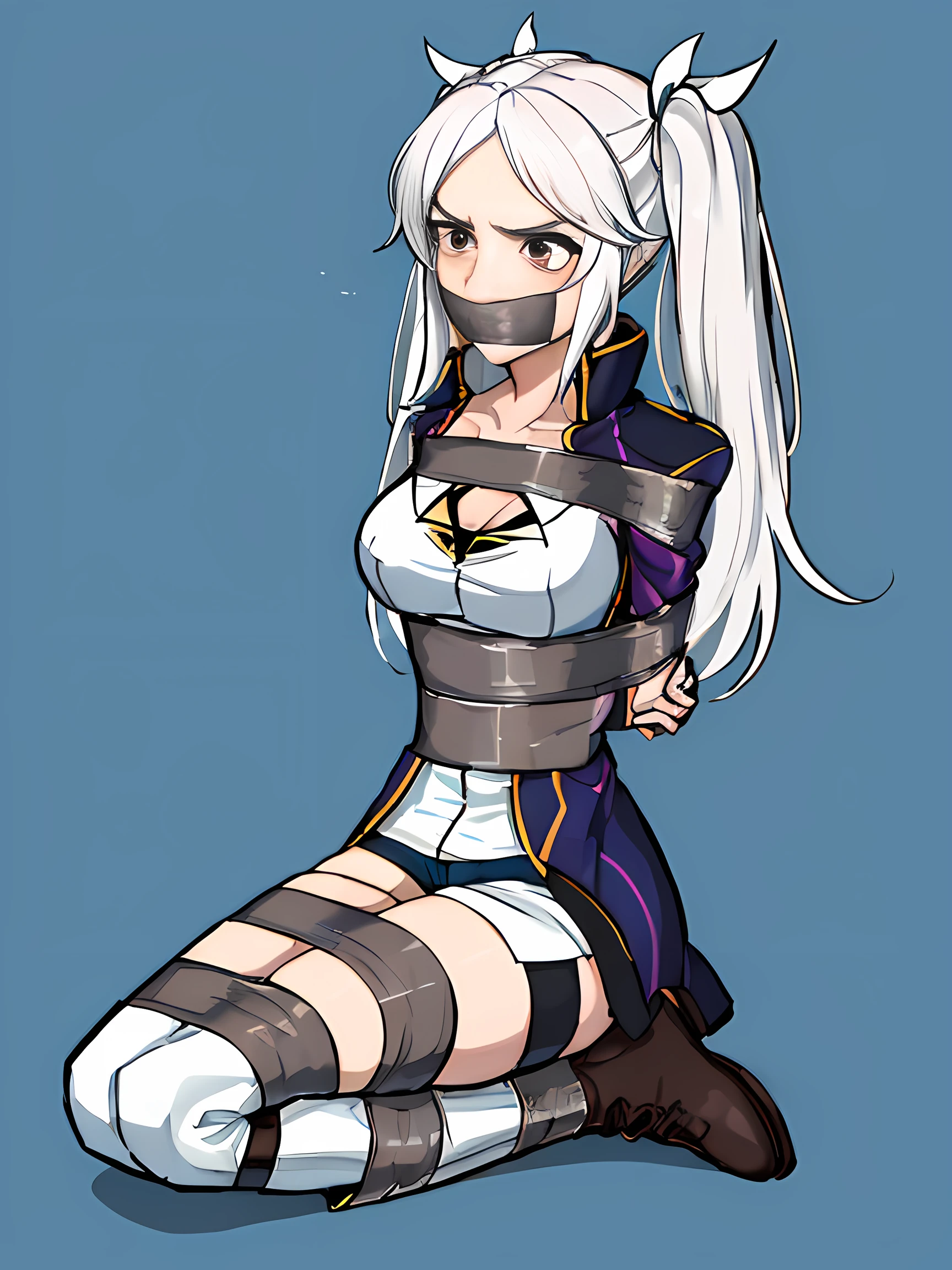 (absurdres, 8k, 4k, masterpiece, hyper extreme detailed:1.2), solo, 1girl, side view portrait, best quality, expressive eyes, perfect face, 1girl, portrait, solo, Female, mature female, adult, robin fe, fire emblem, woman, robin, fire emblem awakening, perfect anatomy, half body, graphic t-shirt, shorts, jacket, cowboy shot, bound, bondage, (arms behind back:1.4), bdsm, tape gag, tape, tape bondage, restrained, tape wrapped, wrap gag, bondage, taped wrists, taped breasts, taped mouth, taped elbows, taped forearms, sitting down, 1girl, taped thighs, taped ankles, tape gagged, wrap gag, white hair, twin tails, medium hair, brown eyes, concerned, annoyed, white shirt, pale skin, large bust, heavy jacket, brown boots, thigh boots, panythose, shocked, nervous, wide eyes,