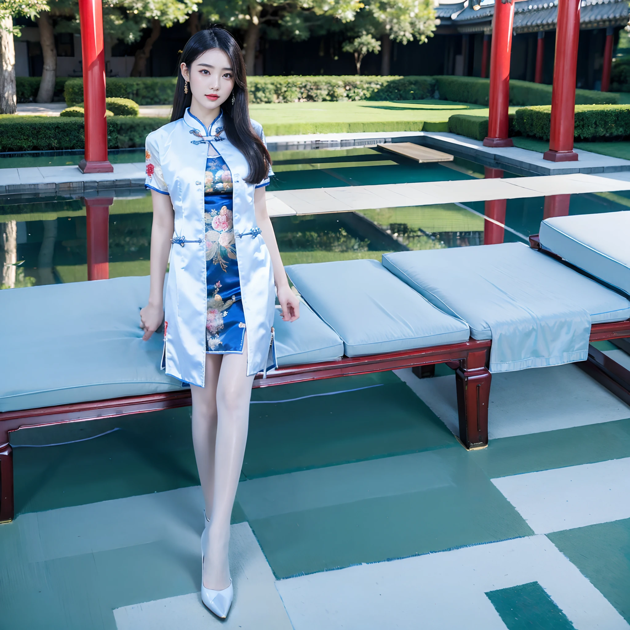 (Best quality, Masterpiece:1.2), 超高分辨率,  intricately details, twogirls，Mature face，Pantyhose，heeled sandals，Single ball head，largeeyes，Redlip，Heavy makeup，Chinese Garden，standing on your feet，wind coat，White tight short sleeves