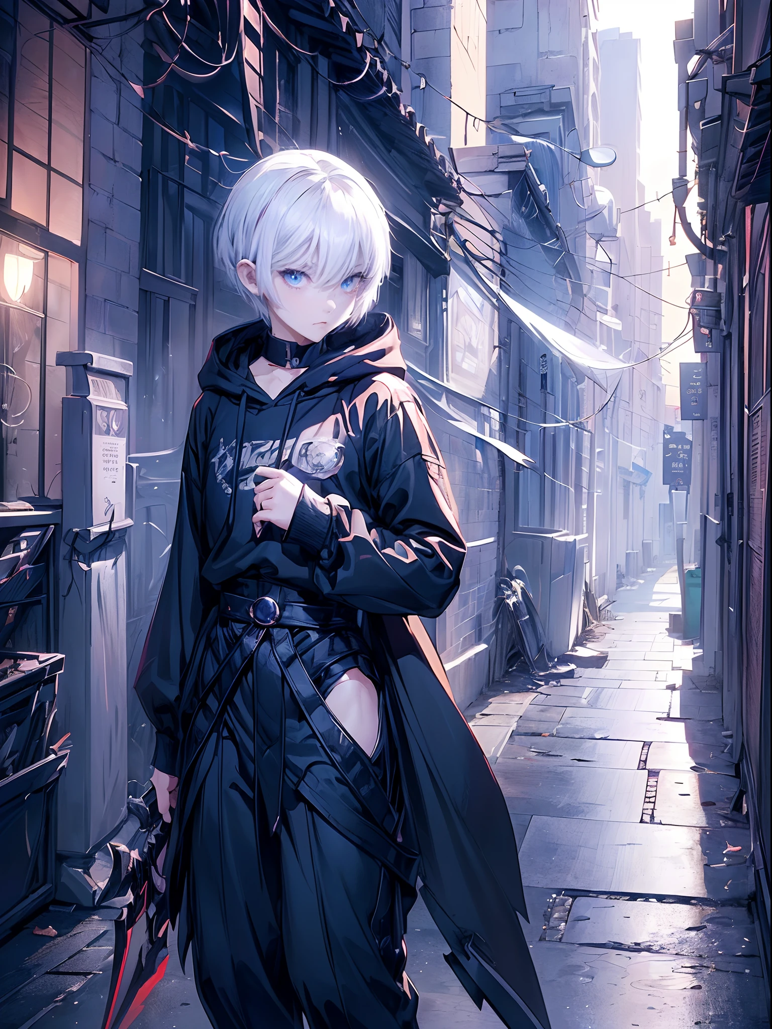 ((4K works))、masterpiece、(top-quality)、One Beautiful Girl、Slim body、tall、((Black Y-shirt and white pants、Charming street style))、Please wear one jacket、Wearing a hood to hide his face、(Detailed beautiful eyes)、Midnight Combat、In the fight against demons、((Dark back alley at midnight))、saddened、suffocating、desolate、((Pitch-black tunnel))、((Face similar to Carly Rae Jepsen))、((Short-haired white hair))、((Smaller face))、((Neutral face))、((Bright blue eyes))、((American adult women))、((Adult female 26 years old))、((cool lady))、((Like a celebrity))、((Korean Makeup))、((elongated and sharp eyes))、((angry expressions))、((In the fight with the sword))、((boyish))、Professional Photos、((Shot alone))、((He's in battle))、((He is in front of the viewer))、((Shot so that the back of the head and back are visible))、((shot from a side angle))、((He is looking forward to.、I can't see my face))、((He is fighting in a distant place))、horor、Photos of sadness