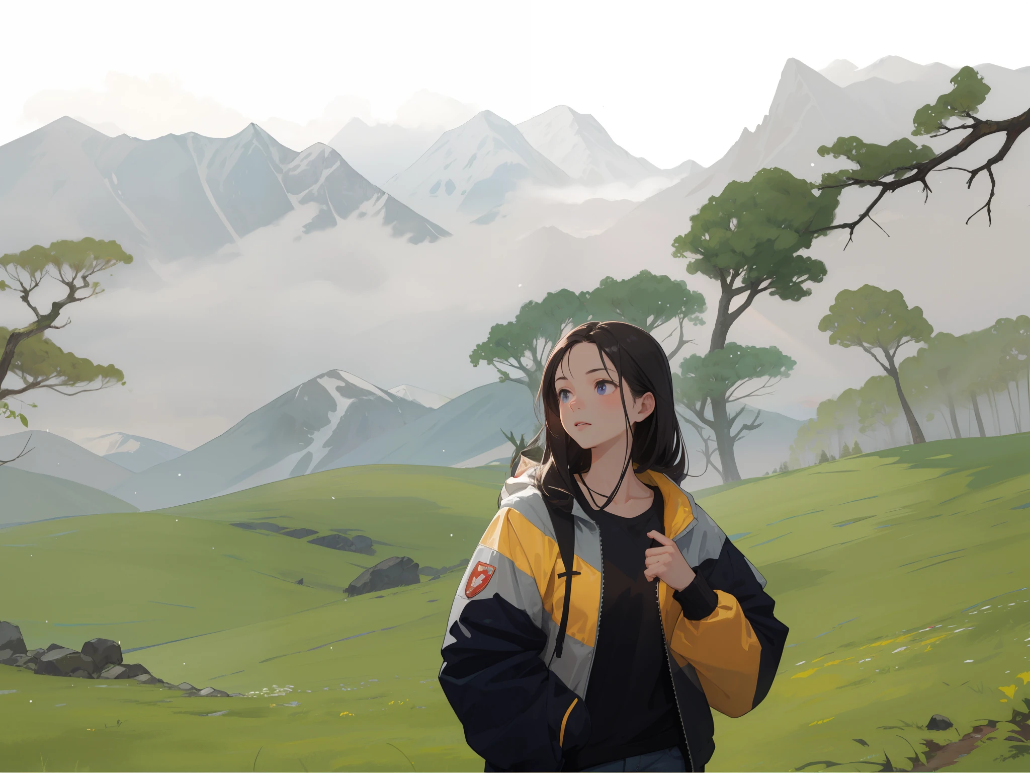 there is a woman that is standing in the grass with while holding her jacket, with mountains in the background, in front of a forest background, amidst nature, trees, Branches, tree branches, plants, lighting particles, with mountains in background, clouds, Clouds Covering the moutain in background, in mountains, with mountains as background, hills in the background, during sunset, with backdrop of god rays, girl standing on mountain, on a mountain