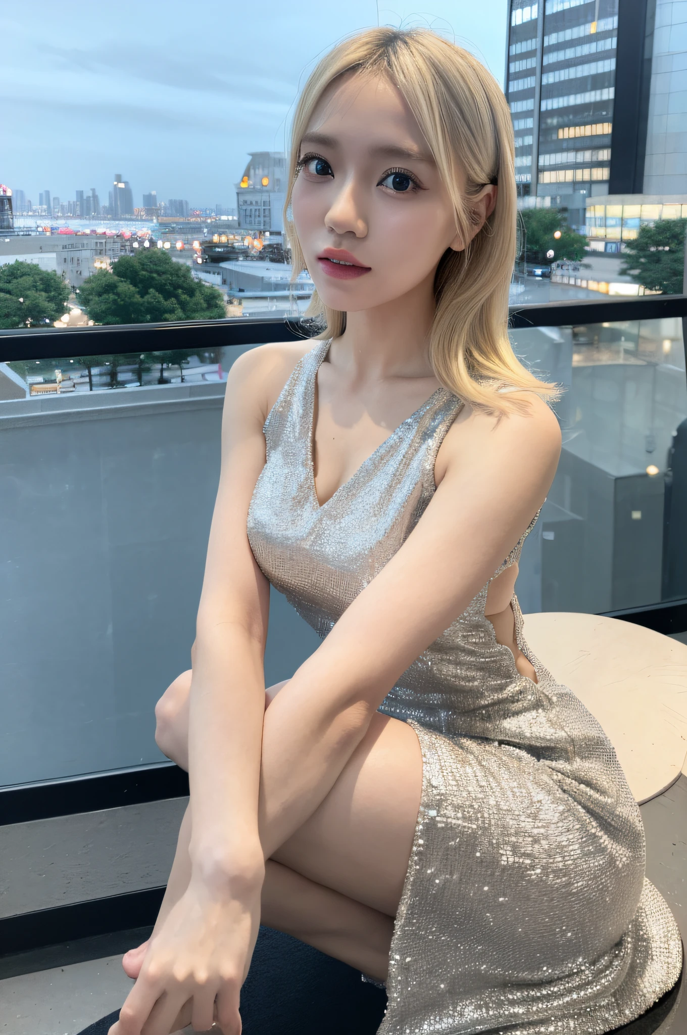 Blonde hair, Full body, Best Quality, ((Ultra-detailed, ultra skin details)), Detailed face, (Photorealistic:1.4), , Night, City view, Silver dress