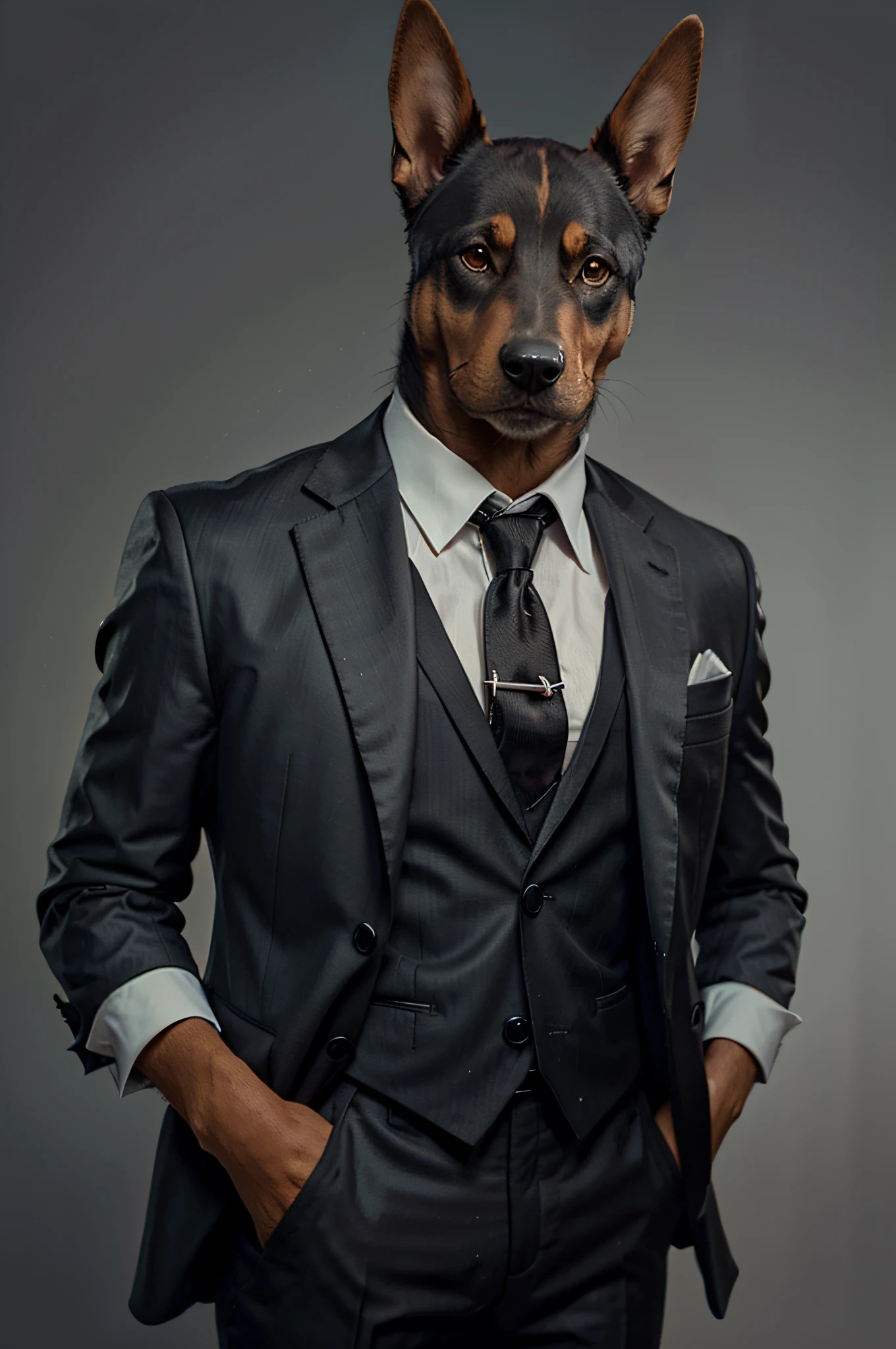 (Man in black suit and tie)Cartoon of anthropomorphic Doberman dog