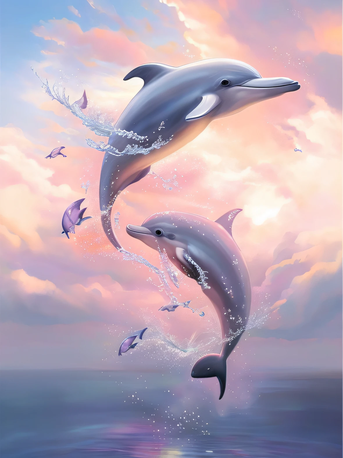 Dolphins jumping in the air in sunset painting, DreamlikeArt, Dolphins, author：Alexander Kucharisky, by Yang J, sky whales, Beeple and Jeremiah Ketner, Beautiful depiction, Beautiful art UHD 4 K, Dolphin jumping, beautiful dreamy breathtaking, Beautiful digital artwork, Beeple e James Jean, A beautiful artwork illustration