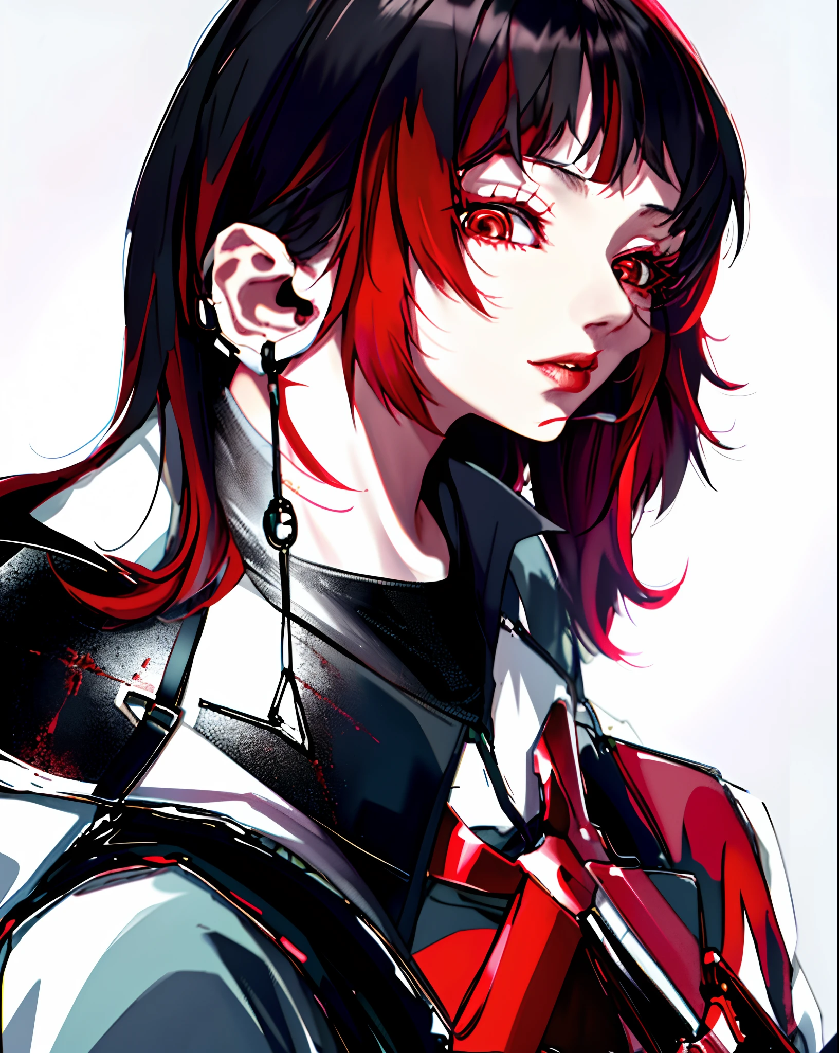 masterpiece with impeccable quality, (homem) fundo escuro manchado de sangue, Demon with red eyes and black hair, pale skin and soft mouth, roupa vermelha e gravata preta, com brincos dourados, Escuro, in 8K and Full HD resolution, cara de anime, tocando guitarra, (Visual Kei), (Harajuku Moda) (velho) (tocando guitarra)