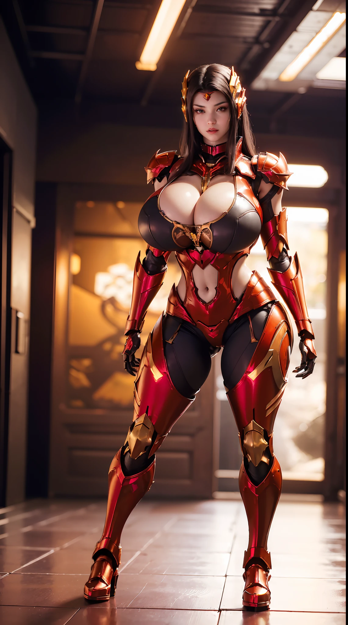 (1GIRL, SOLO), (super detailed face, red_libs, dark_hair), (Phoenix helm:1.2), (BIG BUTTOCKS, MUSCLE ABS, HUGE BOOBS:1.5), (MECHA GUARD ARM:1.3), (RED MECHA CYBER SHINY ARMORED SUIT, CLEAVAGE, MECHA SKINTIGHT YOGA PANTS, MECHA GUARD ARMOR LEGS, MECHA HIGH HEELS:1.5), (MUSCULAR BODY, SEXY LONG LEGS, HALF BODY:1), (LOOKING AT VIEWER:1.3), (WALKING DOWN HALLWAY OF FUTURISTIC SPACE STATION:1), (BRIGHT LIGHTING:1.3), PHYSICALLY-BASED RENDERING, ULTRA HIGHT DEFINITION, 16K, 1080P.