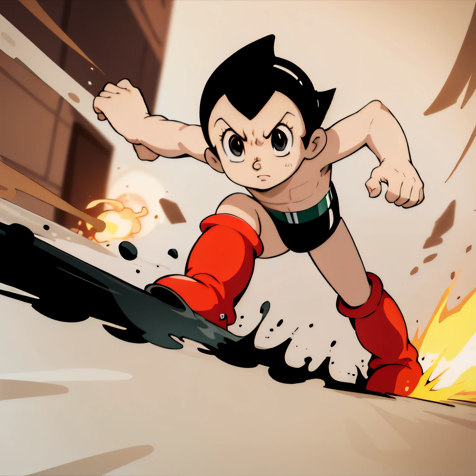 ((masterpiece, best quality)),(complex light),solo,solo focus,1boy,astro boy,black hair, black eyes,<lora:AstroBoy12-10:0.8>,red boots, running, speed lines,