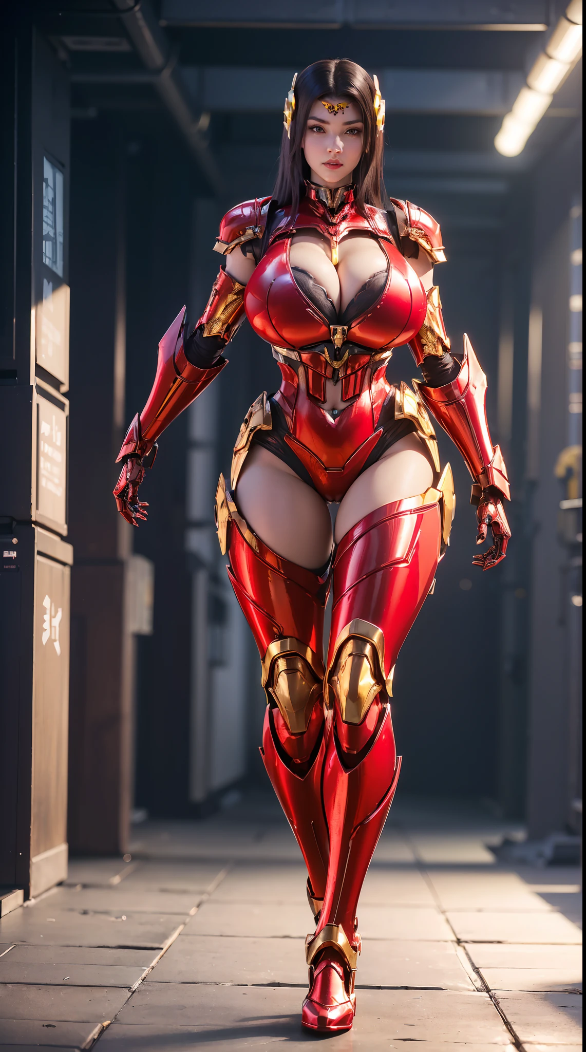 (1GIRL, SOLO), (super detailed face, red_libs, dark_hair), (Phoenix helm:1.2), (BIG BUTTOCKS, MUSCLE ABS, HUGE BOOBS:1.5), (MECHA GUARD ARM:1.3), (RED MECHA CYBER SHINY ARMORED SUIT, CLEAVAGE, MECHA SKINTIGHT YOGA PANTS, MECHA GUARD ARMOR LEGS, MECHA HIGH HEELS:1.5), (MUSCULAR BODY, SEXY LONG LEGS, HALF BODY:1), (LOOKING AT VIEWER:1.3), (WALKING DOWN HALLWAY OF FUTURISTIC SPACE STATION:1), (BRIGHT LIGHTING:1.3), PHYSICALLY-BASED RENDERING, ULTRA HIGHT DEFINITION, 16K, 1080P.