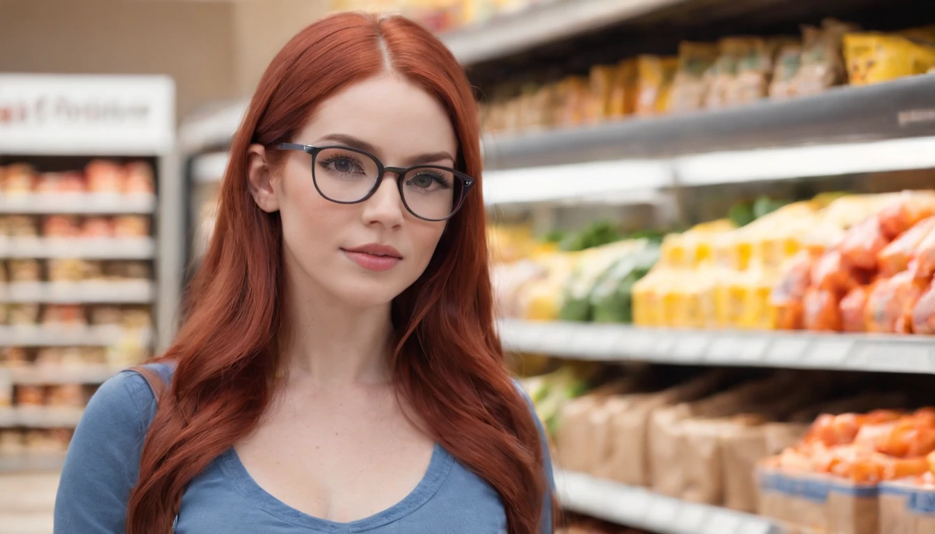 Allison confidently promotes the snacks in the grocery store, wearing a pink crop top, ponytail, blue jeans, and hiking boots. Her vibrant red hair and glasses add to her unique appearance. Allison, a 24-year-old American from Corpus Christi, Texas, stands out in the grocery store as she showcases the snacks. With her slim, buxom figure, red hair, and glasses, she exudes confidence and charm. In the grocery store, Allison catches the attention of shoppers with her striking appearance. Wearing a pink crop top, blue jeans, and hiking boots, she confidently promotes the snacks. Her red hair, glasses, and slim, buxom figure make her stand out.