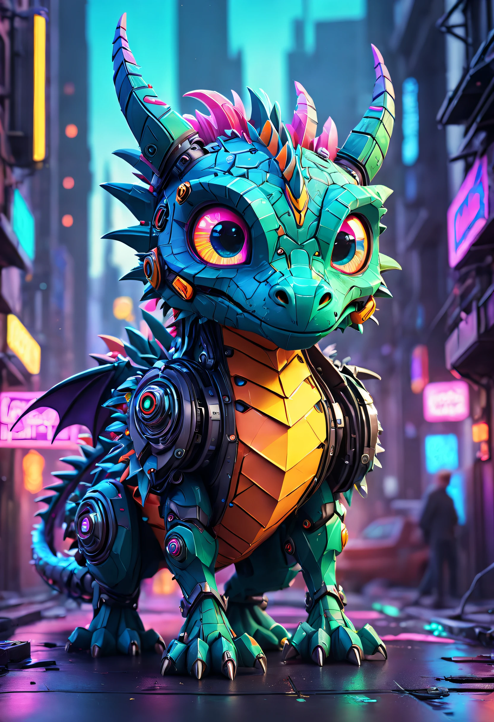 fluffy:1.7, dystopian:1.4, Cyberpunk Paper art style concept art , fluffy off-beat bio-mechanical GPU dragon, abstract close up, cute adorable, quirky, ((over a magical neon soaked city)) adorable scene filled with vibrant colors, 35mm, clear and detailed features, finely detailed eyes, sharp focus, highly detailed scales, miniature, tiny, sunkist, magical ,