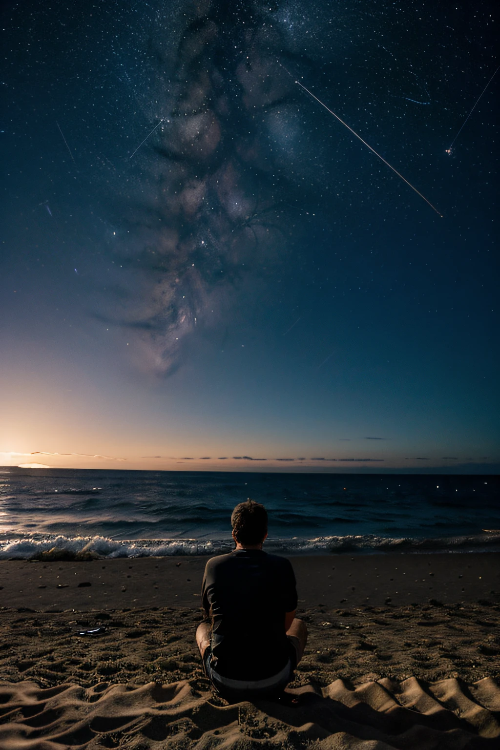 A guy watching the stars on the beach,There are shooting stars crossing by,There are whales jumping on the surface of the sea