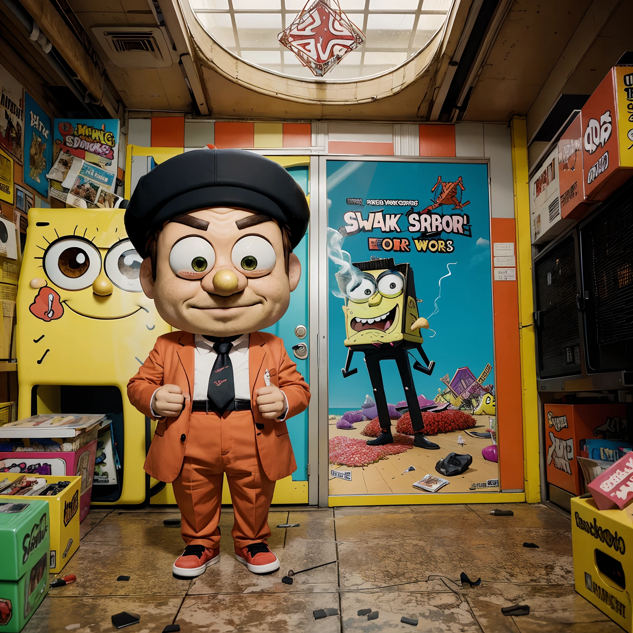 Graphic Novel anime world with patrick from spongebob squarepants smoking a blunt with mr crabs