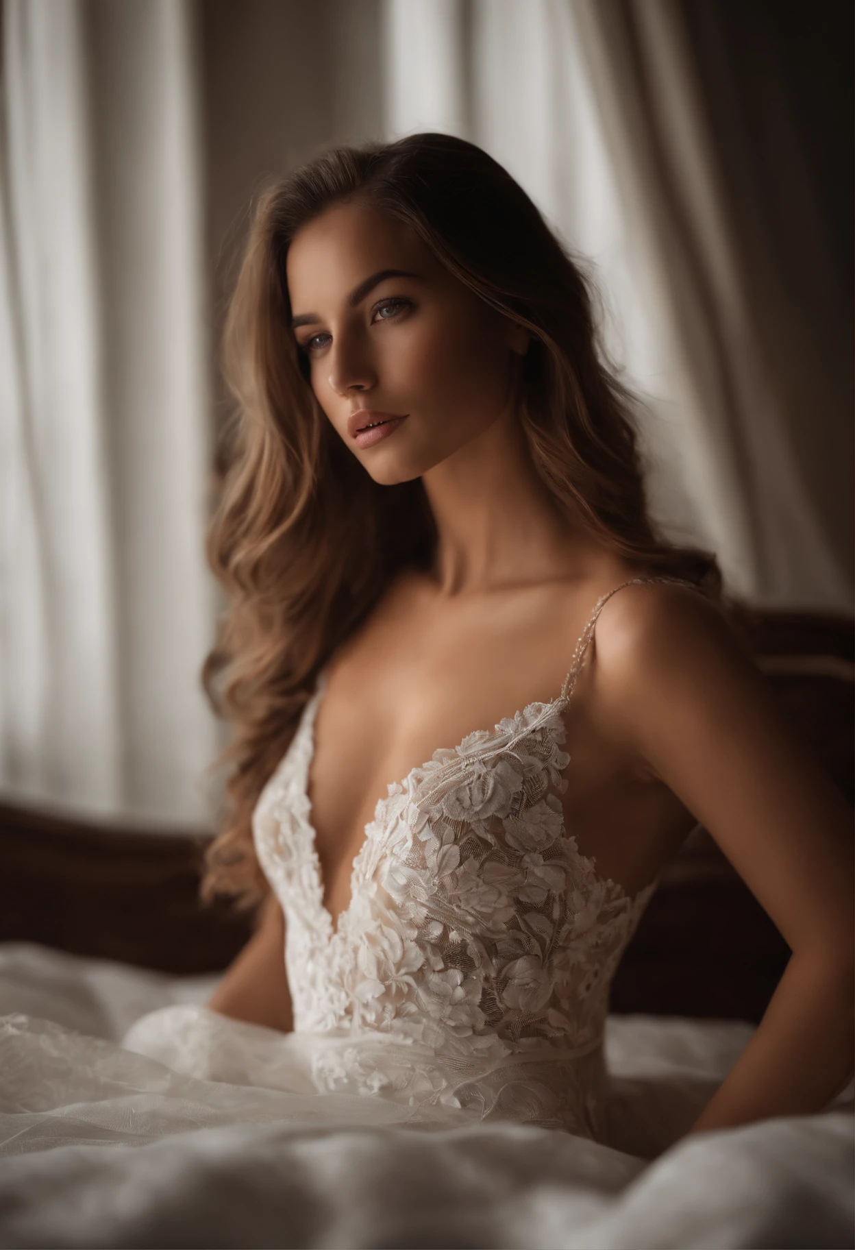 mujer con un vestido blanco acostado en una cama, foto de una mujer hermosa, sexy girl, delicate soft hazy lighting, young sensual graceful, seductoramente mirando al frente, mujer Sensual, hermoso cuerpo y cara, Pose elegante y seductora, bellamente iluminada, beautiful soft lighting, Joven mujer Sensual, Hermosa modelo femenina, Mujer joven sexy, gorgeous elegant attractive