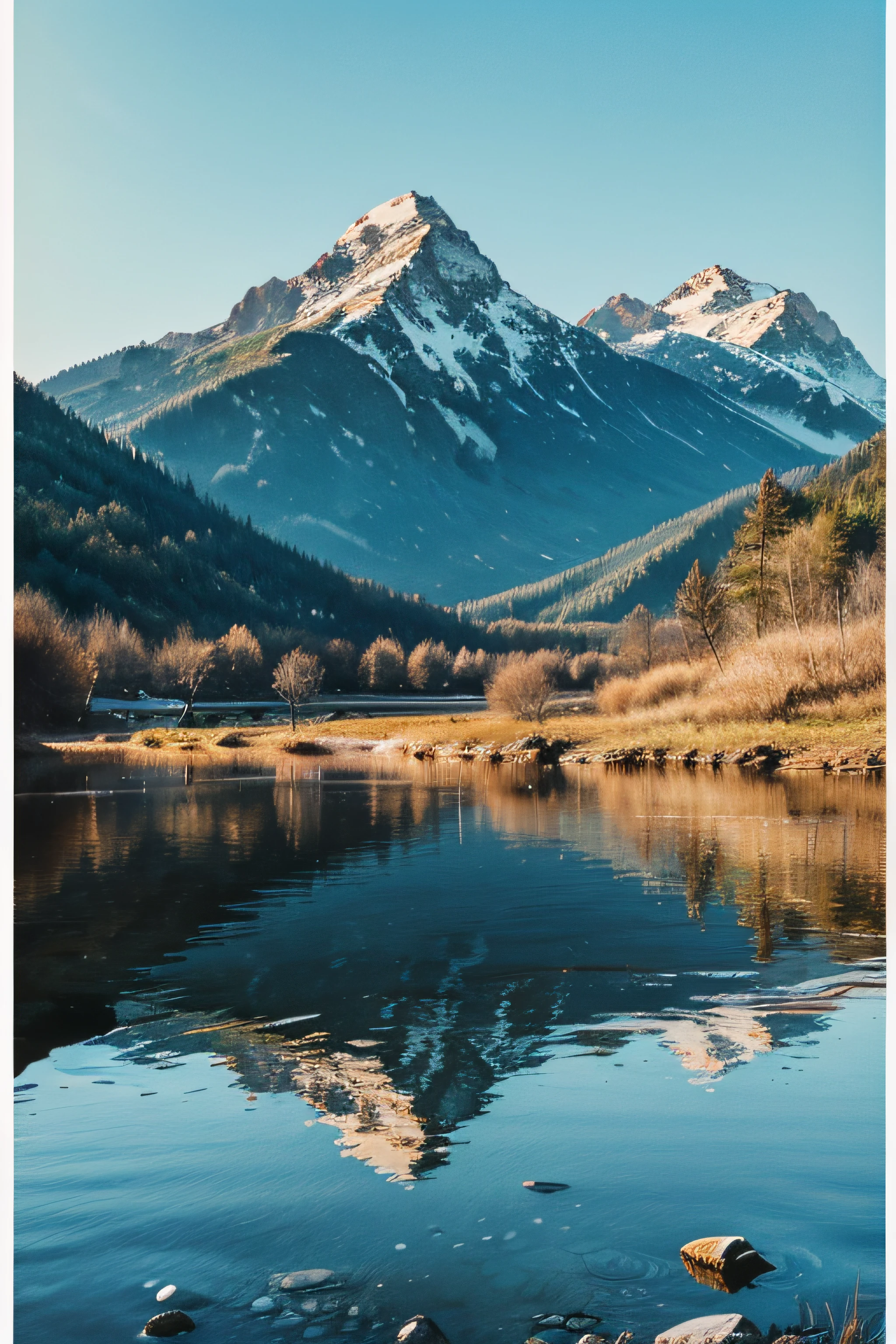 (High-quality quadratic,Quality lines,High quality ink hand painted)water ripple,landscape painting,Another mountain,there are waters。High-quality hand-drawn work,There are waves,There are mountains in the back,In front is water,