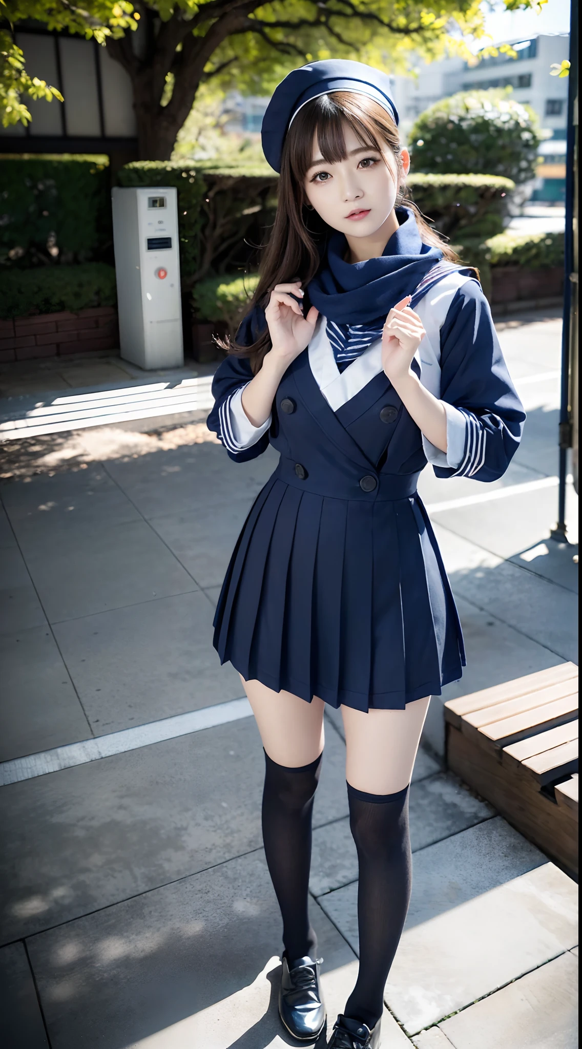 mix4, (16 K, Raw photography, Top image quality, masterpiece: 1.45), (realisitic, Photorealsitic: 1.37), one girls, 7.5, etc、Random hairstyle、Standing figure,Morning time slot、a very cute,a park,, profetional lighting, photon maping、physically-based renderingt, Gradient dark brown hair,, a handsome, Well-groomed and beautiful eyes、Large double eyelids、Very shiny、girl with, (((student clothes、Winter clothes、Sailor suit worn by Japan schoolgirl、Navy blue sailor color、scarf、a miniskirt, Small beret、high socks、lowfers))), Top Quality Photos, hight resolution, 1080p, (clearface), (Detailed face description), (Detailed hand description), (masterpiece), (Exquisite CG)、extreme light and shadows、dishevled hair、master work、abundant detail、(Fine facial features)、(top quality photo)、(masuter piece)、(A detailed eye)、Look in front of you、Fine clavicle、((Slender big))、(((Japan schoolgirl in sailor suit)))、((Ready Idol System))、((a park、Slide、The fountain、seesaw))、(((neat and cute)))、耳Nipple Ring、A big smile、Drawing the whole body from the knees、Do not draw nasolabial folds、(((Cute sailor suit)))、(Big breasts that hang down big:1.4)、Big buttocks with tension、Two arms and two legs、(((from the front side:0.8)))、bare hand、No mask、